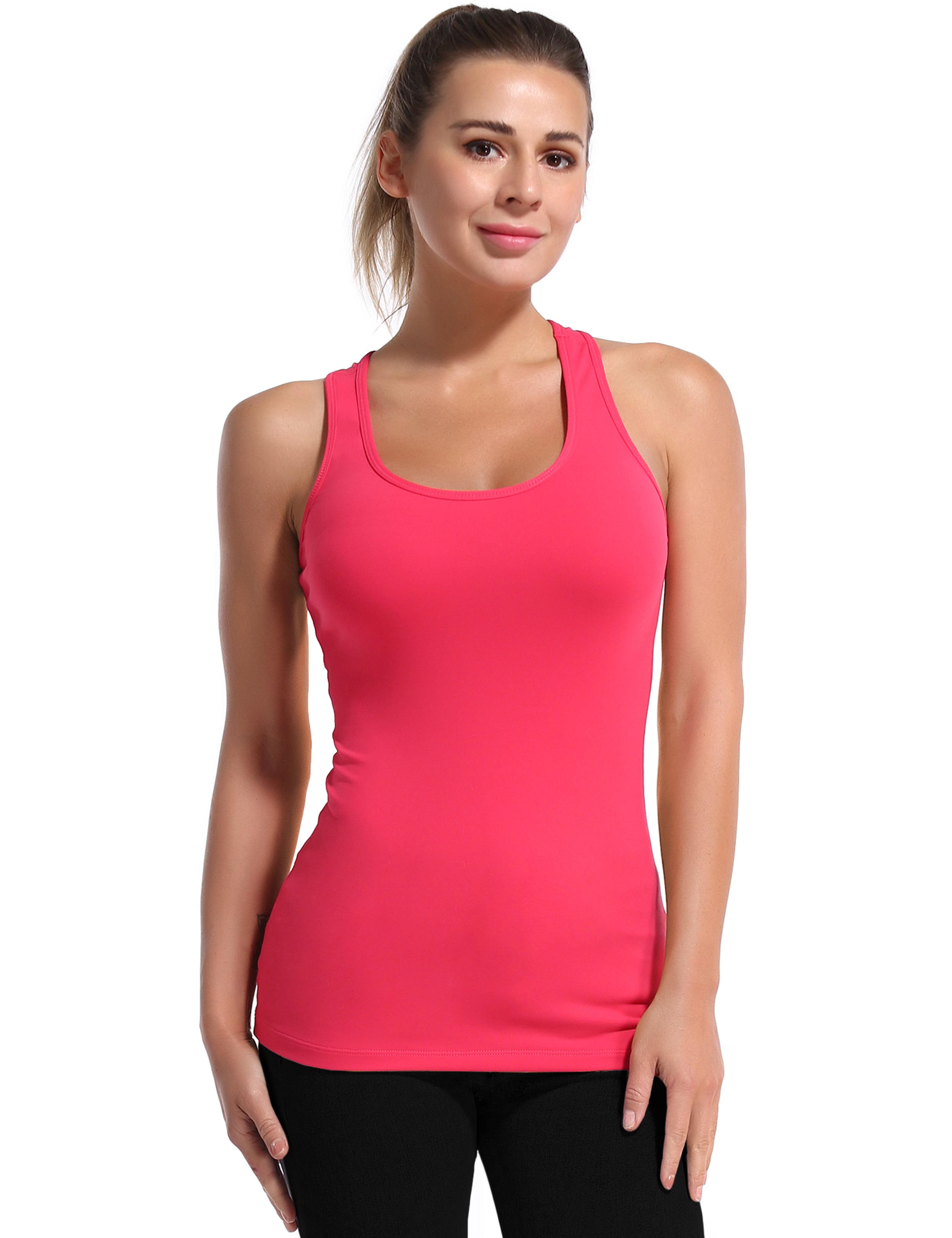 Racerback Athletic Tank Tops red 92%Nylon/8%Spandex(Cotton Soft) Designed for Yoga Tight Fit So buttery soft, it feels weightless Sweat-wicking Four-way stretch Breathable Contours your body Sits below the waistband for moderate, everyday coverage