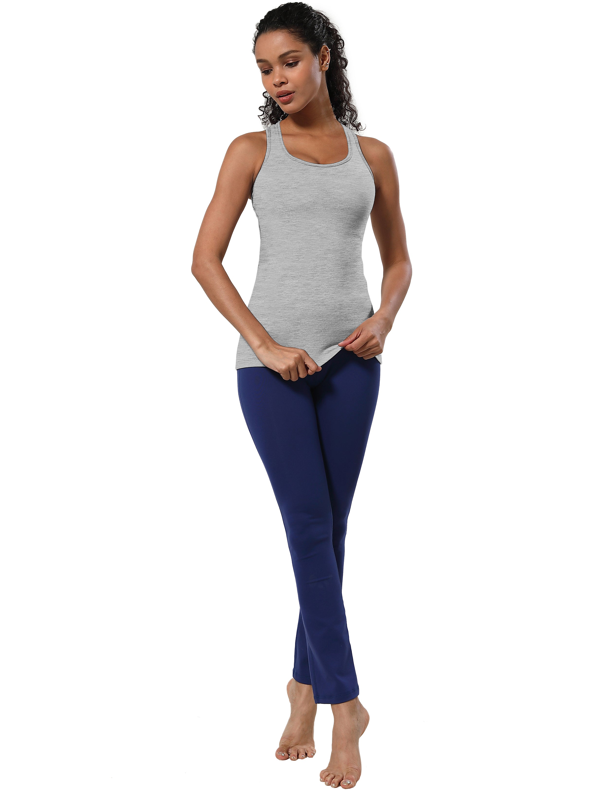 Racerback Athletic Tank Tops heathergray 92%Nylon/8%Spandex(Cotton Soft) Designed for Yoga Tight Fit So buttery soft, it feels weightless Sweat-wicking Four-way stretch Breathable Contours your body Sits below the waistband for moderate, everyday coverage