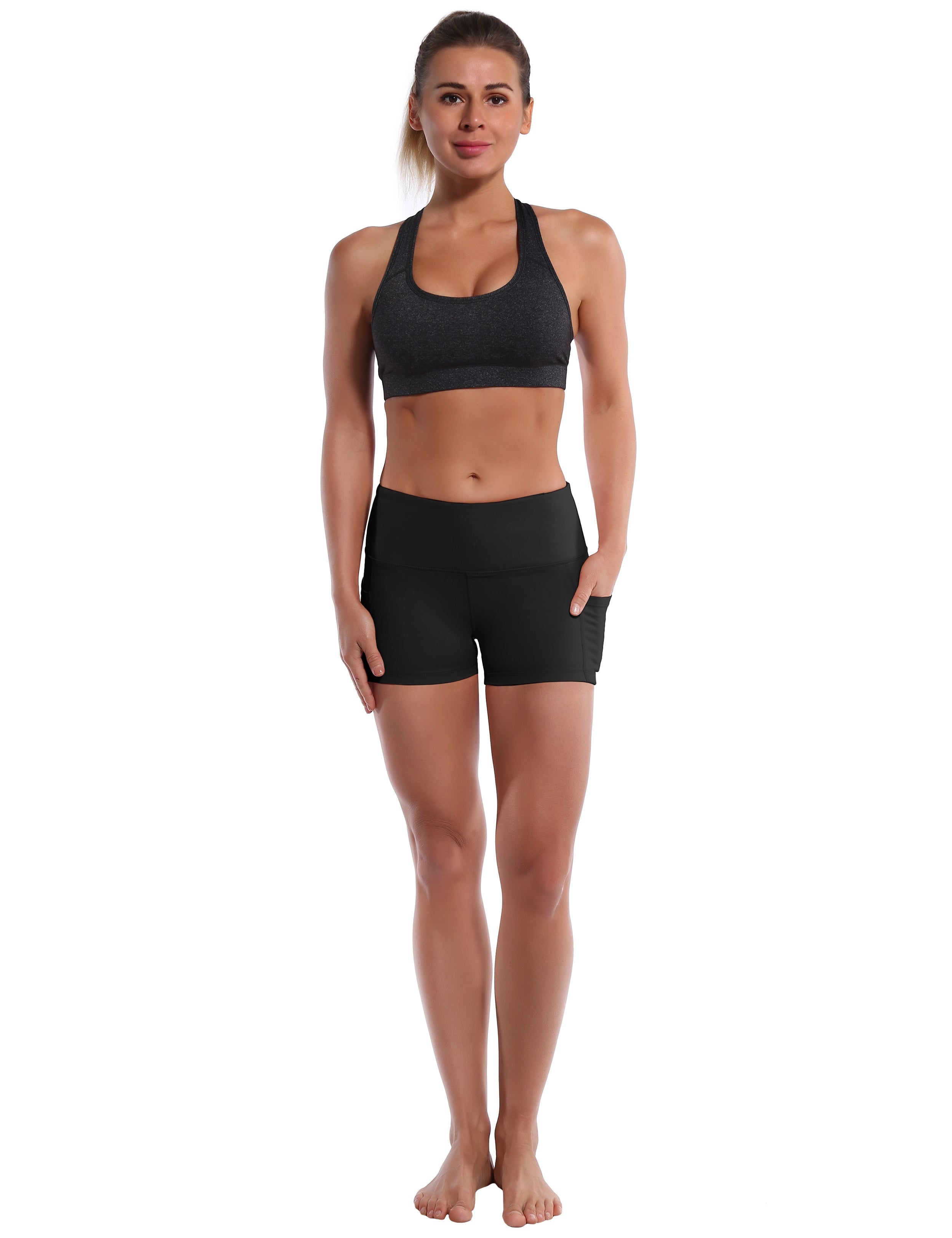 2.5" Side Pockets Gym Shorts black Sleek, soft, smooth and totally comfortable: our newest sexy style is here. Softest-ever fabric High elasticity High density 4-way stretch Fabric doesn't attract lint easily No see-through Moisture-wicking Machine wash 78% Polyester, 22% Spandex