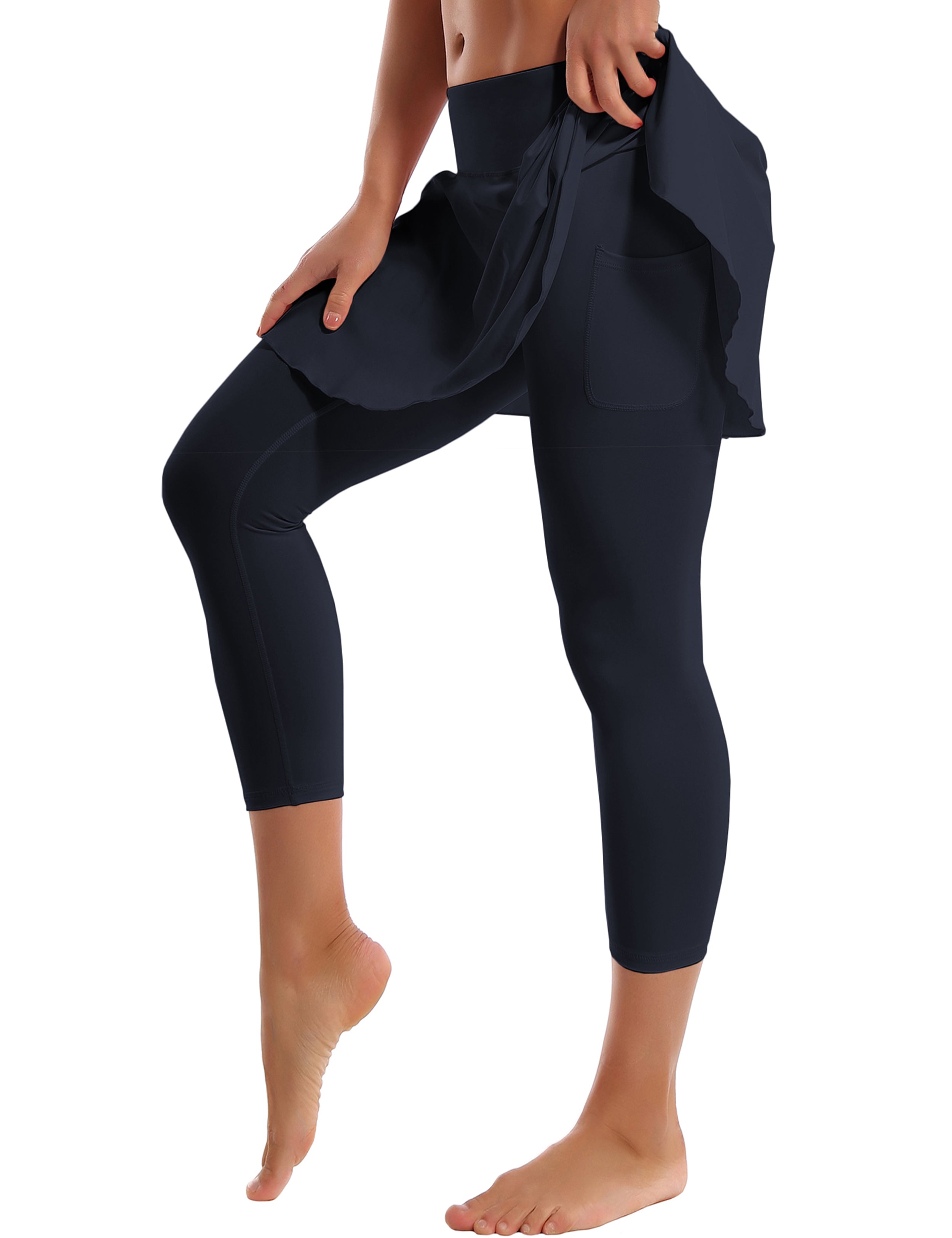 19" Capris Tennis Golf Skirted Leggings with Pockets darknavy 80%Nylon/20%Spandex UPF 50+ sun protection Elastic closure Lightweight, Wrinkle Moisture wicking Quick drying Secure & comfortable two layer Hidden pocket