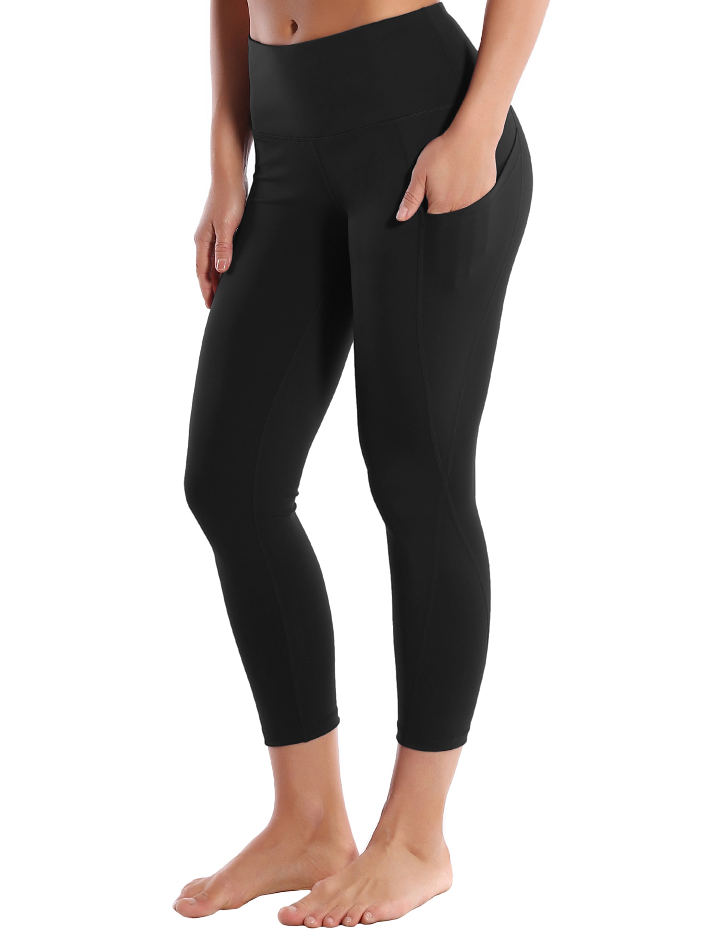 22" High Waist Side Pockets Capris black 75%Nylon/25%Spandex Fabric doesn't attract lint easily 4-way stretch No see-through Moisture-wicking Tummy control Inner pocket