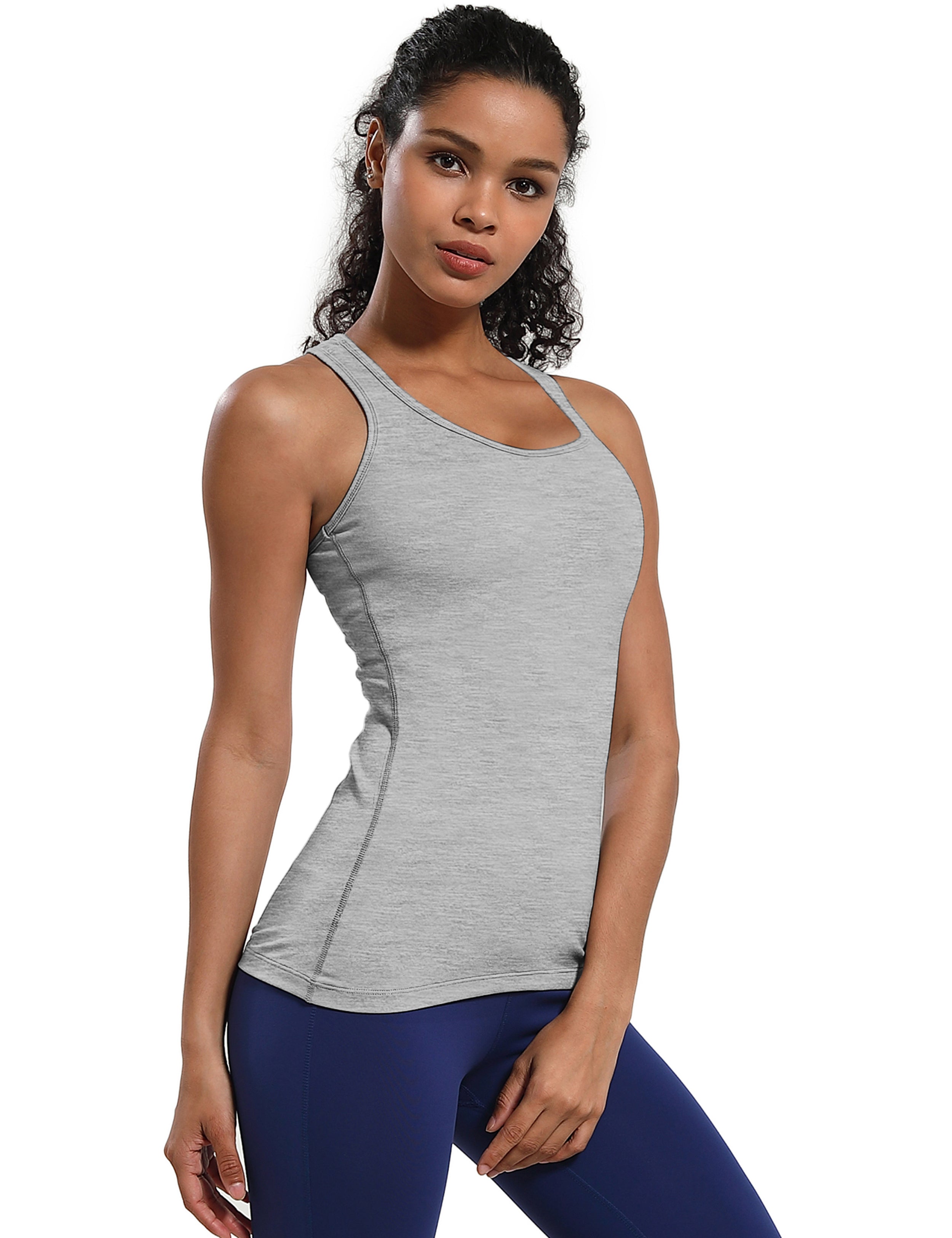 Racerback Athletic Tank Tops heathergray 92%Nylon/8%Spandex(Cotton Soft) Designed for Golf Tight Fit So buttery soft, it feels weightless Sweat-wicking Four-way stretch Breathable Contours your body Sits below the waistband for moderate, everyday coverage