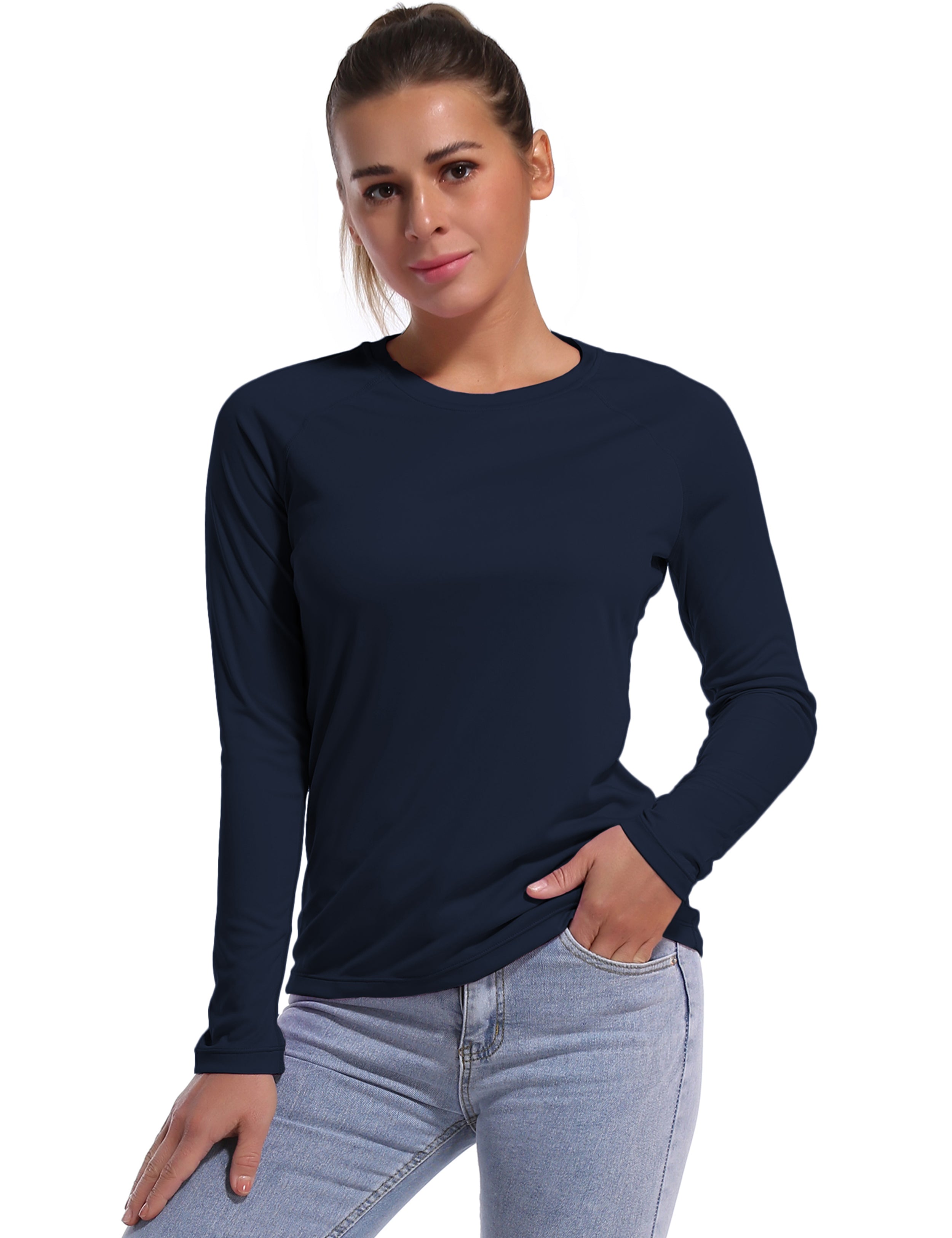 Long Sleeve Athletic Shirts darknavy 100% polyester Lightweight Slim Fit UPF 50+ blocks sun's harmful rays Treated to wick moisture, dries ultra-fast