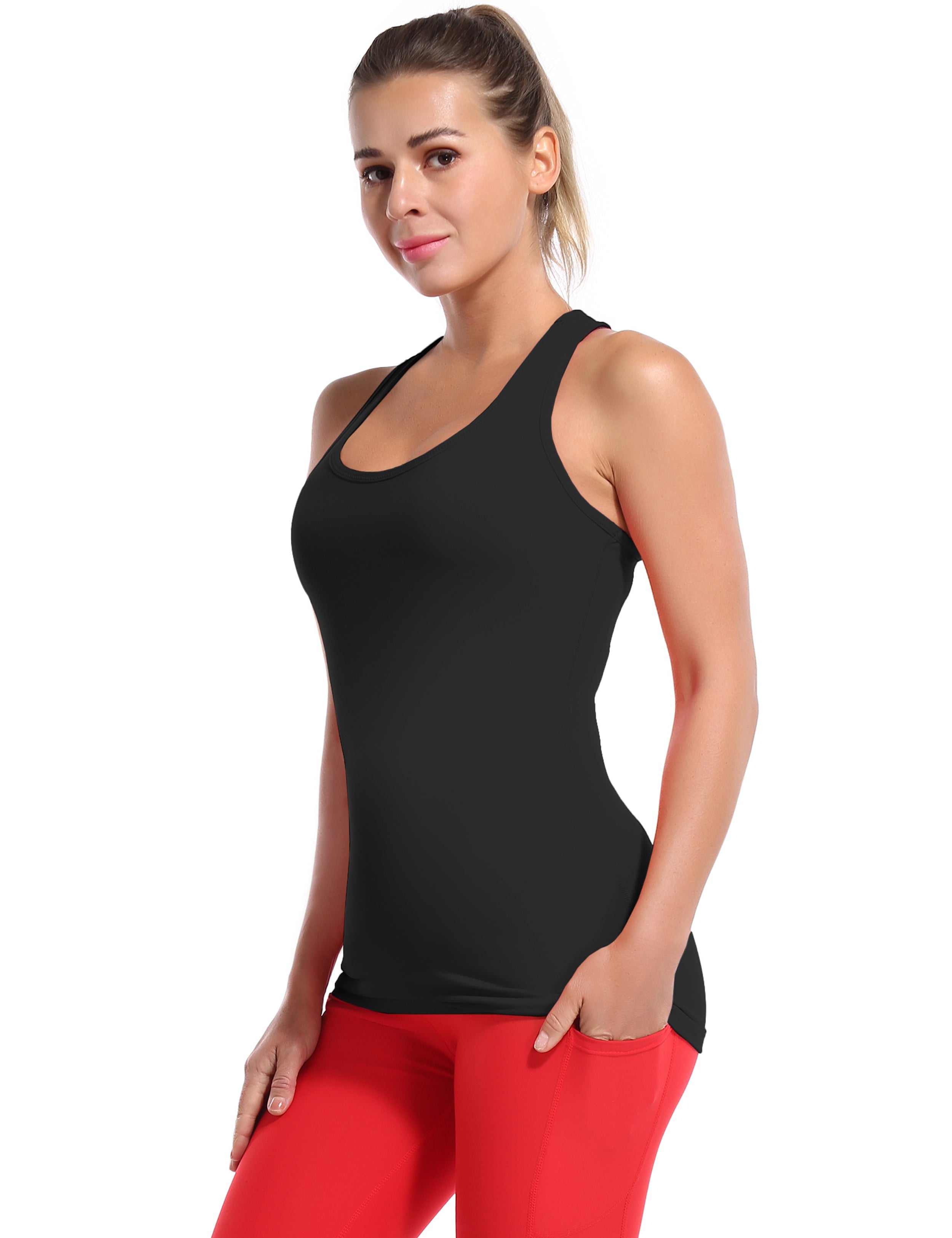 Racerback Athletic Tank Tops black 92%Nylon/8%Spandex(Cotton Soft) Designed for Pilates Tight Fit So buttery soft, it feels weightless Sweat-wicking Four-way stretch Breathable Contours your body Sits below the waistband for moderate, everyday coverage