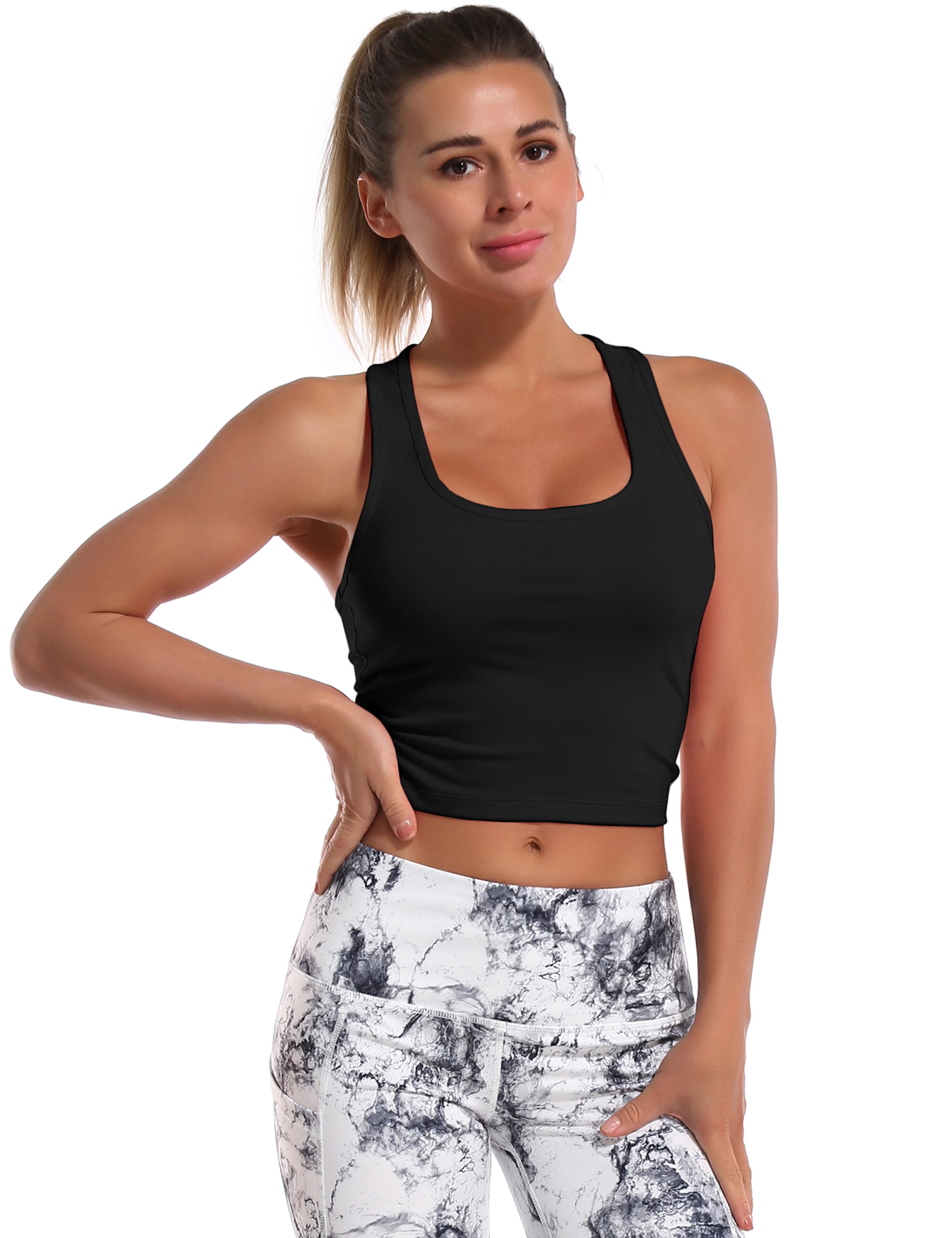 Racerback Athletic Crop Tank Tops black 92%Nylon/8%Spandex(Cotton Soft) Designed for Golf Tight Fit So buttery soft, it feels weightless Sweat-wicking Four-way stretch Breathable Contours your body Sits below the waistband for moderate, everyday coverage