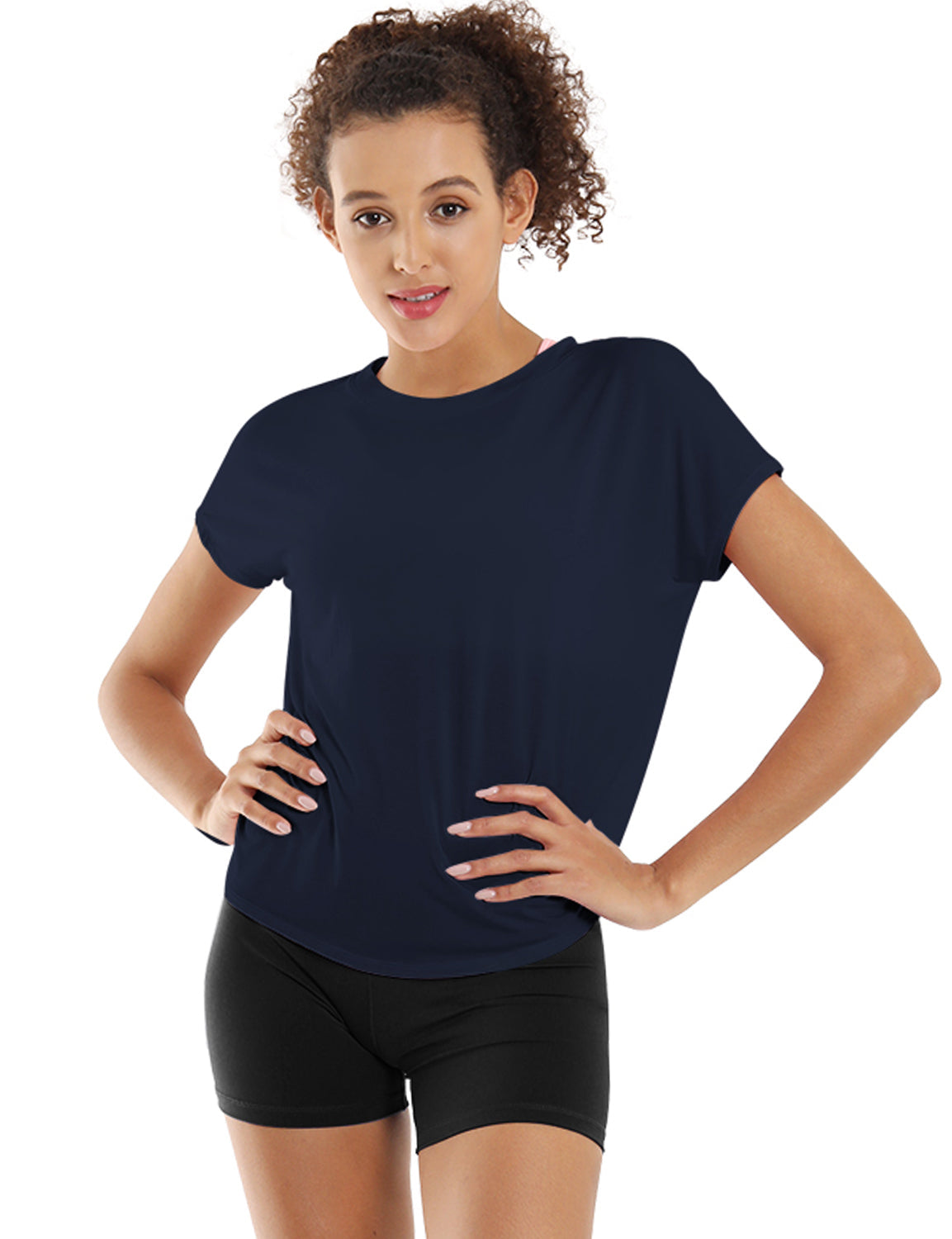 Hip Length Short Sleeve Shirt darknavy 93%Modal/7%Spandex Designed for Running Classic Fit, Hip Length An easy fit that floats away from your body Sits below the waistband for moderate, everyday coverage Lightweight, elastic, strong fabric for moisture absorption and perspiration, sports and fitness clothing.