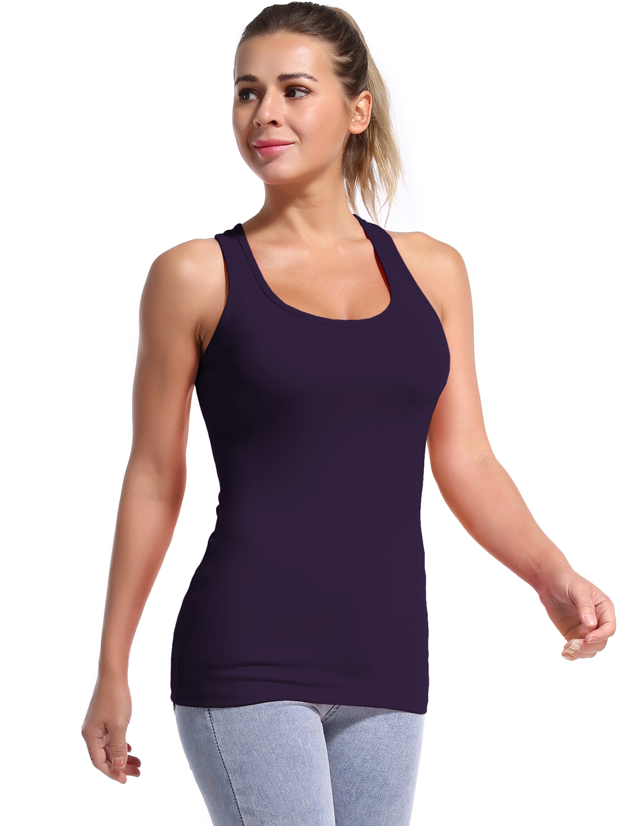 Racerback Athletic Tank Tops midnightblue 92%Nylon/8%Spandex(Cotton Soft) Designed for Gym Tight Fit So buttery soft, it feels weightless Sweat-wicking Four-way stretch Breathable Contours your body Sits below the waistband for moderate, everyday coverage