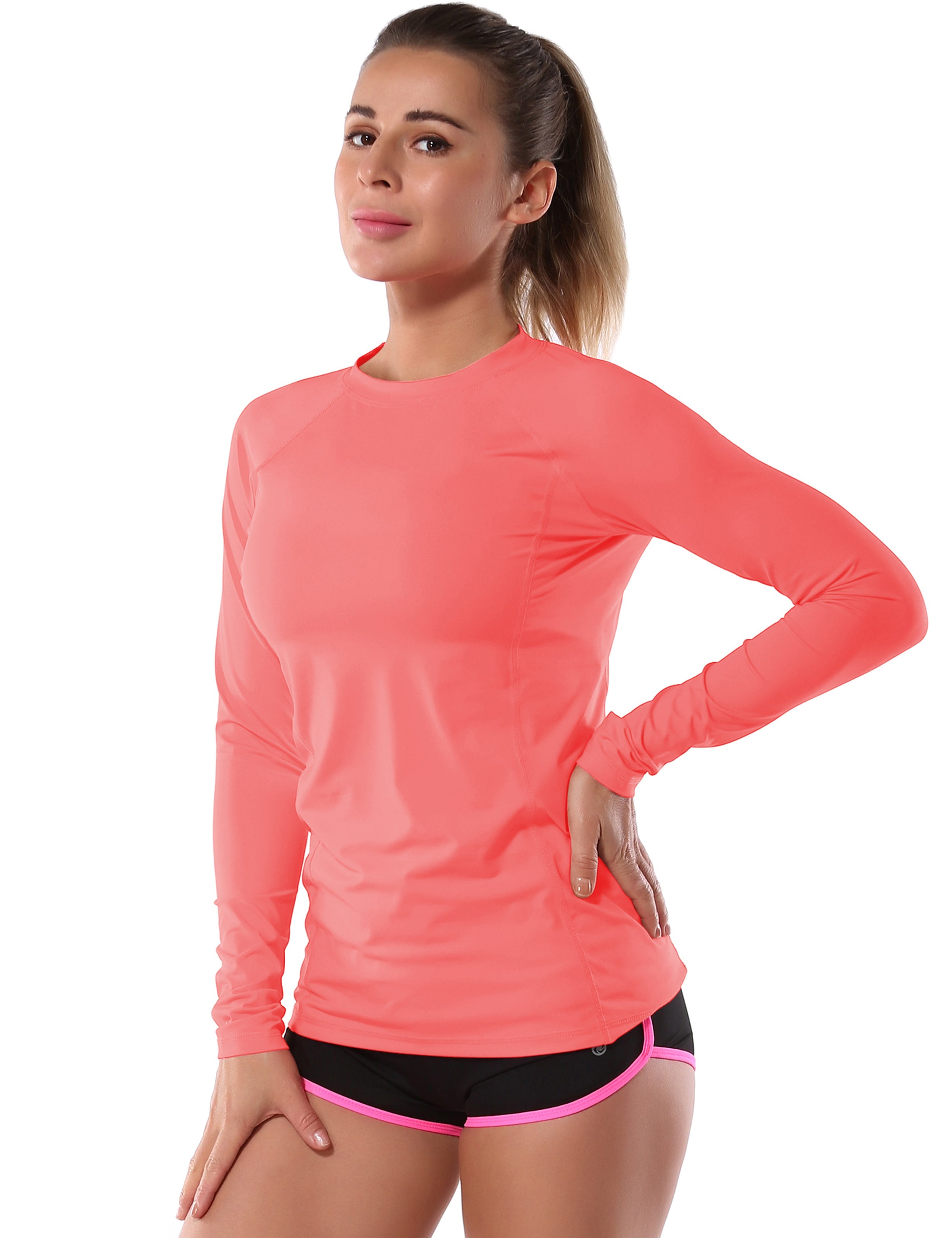 Long Sleeve UPF 50+ Rashguard coral 84%Polyester/16%Spandex Fitted design Dries ultra-fast UV Protection: UPF 50 sun protection