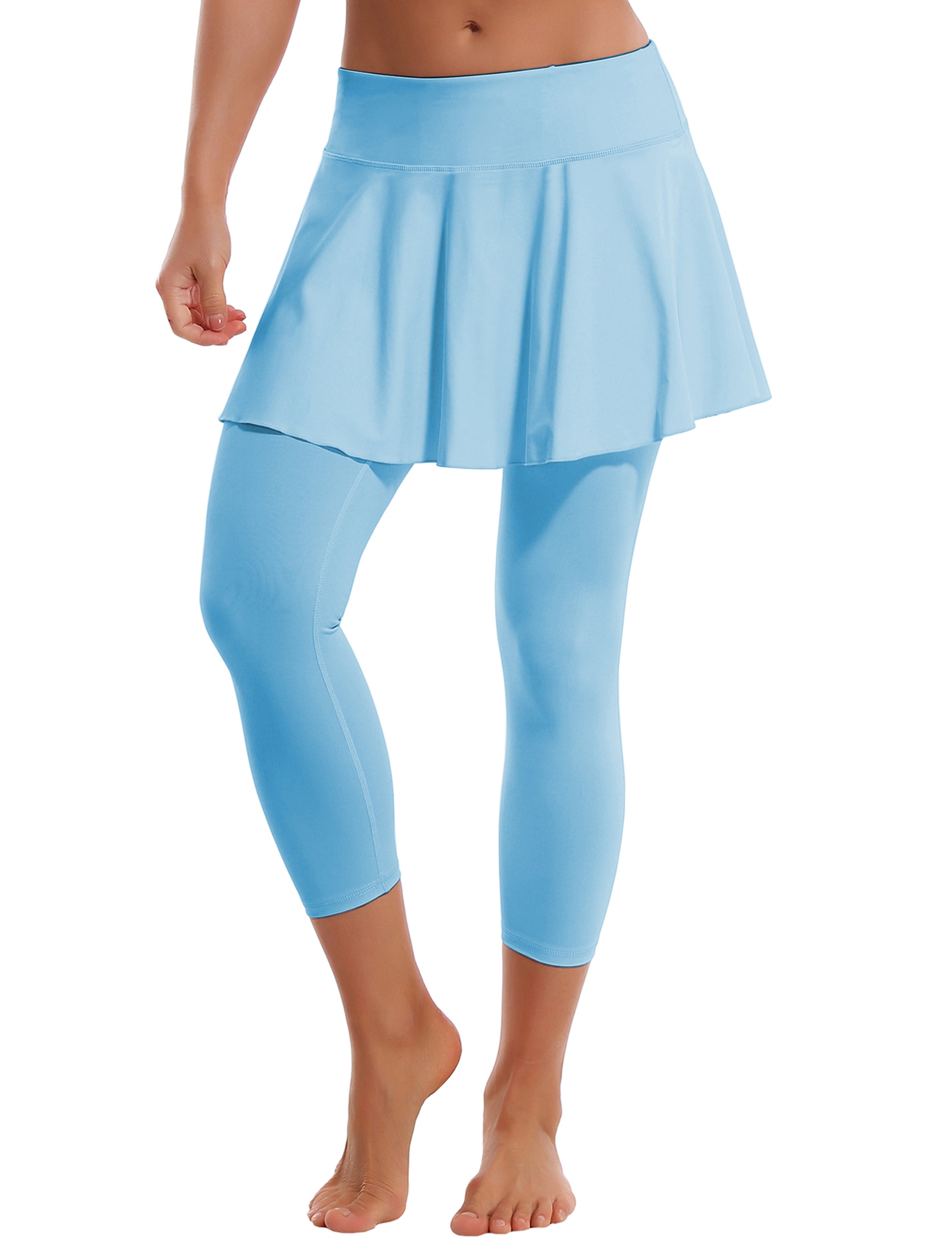 19" Capris Tennis Golf Skirted Leggings with Pockets blue 80%Nylon/20%Spandex UPF 50+ sun protection Elastic closure Lightweight, Wrinkle Moisture wicking Quick drying Secure & comfortable two layer Hidden pocket