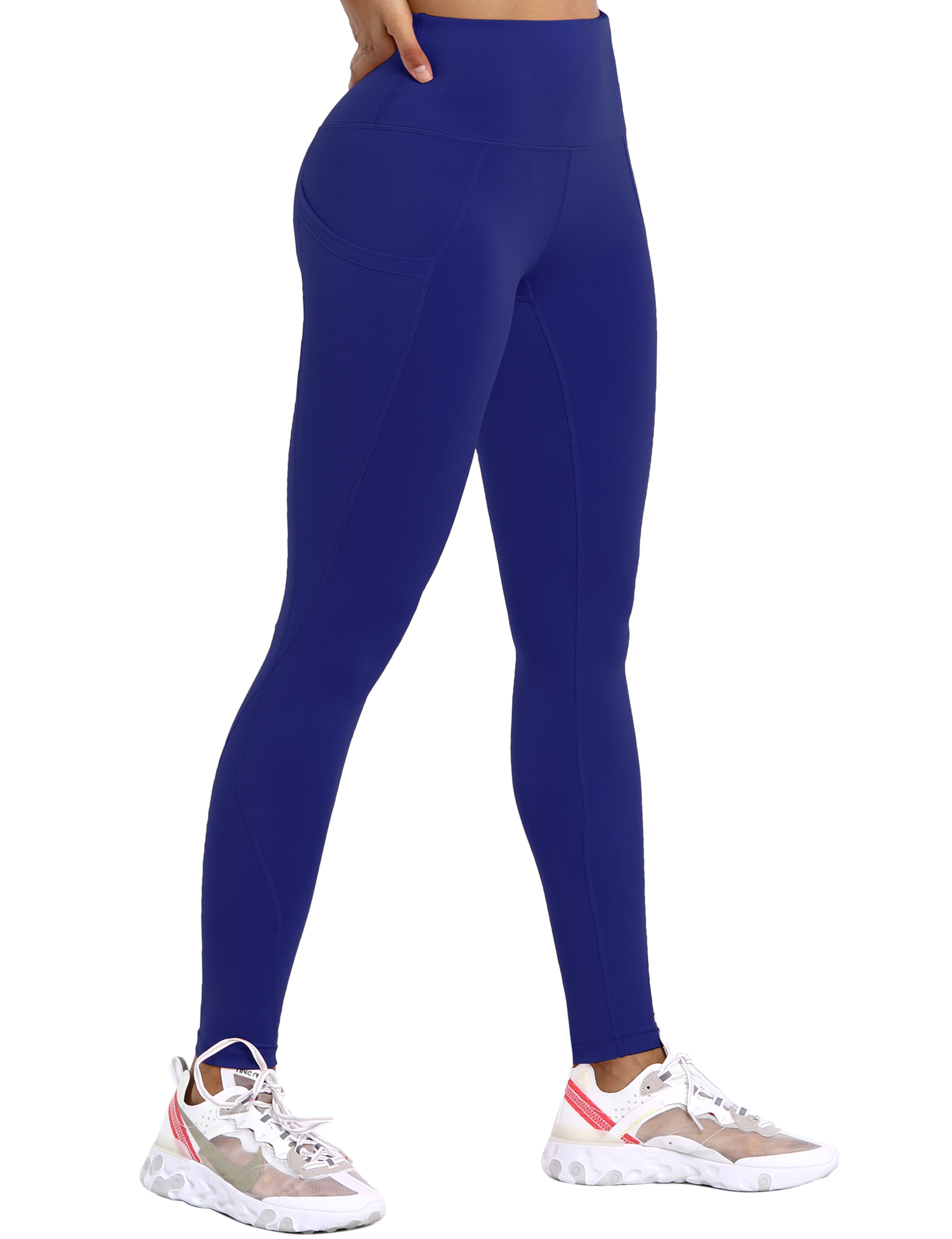 High Waist Side Pockets Gym Pants navy 75% Nylon, 25% Spandex Fabric doesn't attract lint easily 4-way stretch No see-through Moisture-wicking Tummy control Inner pocket