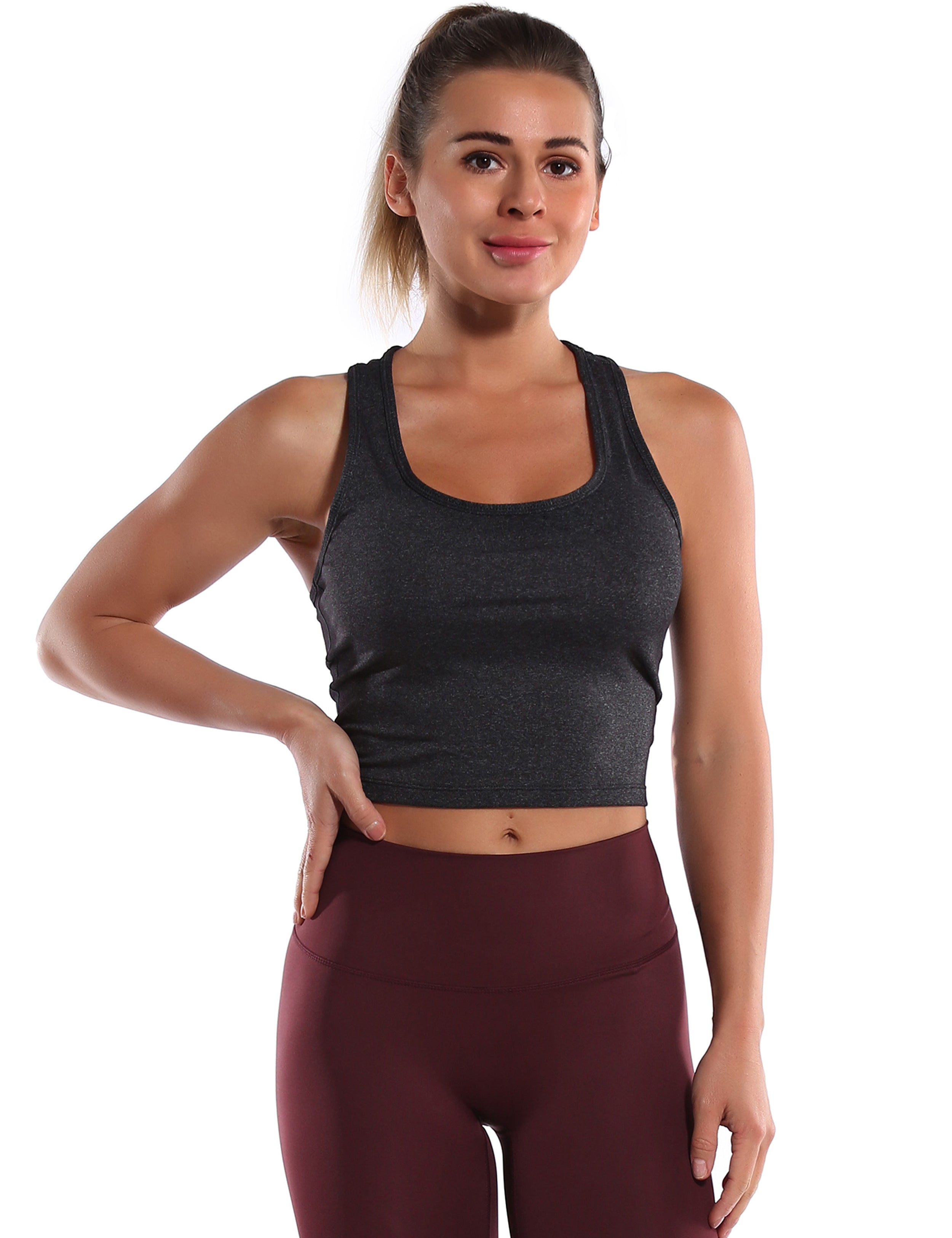 Racerback Athletic Crop Tank Tops heathercharcoal 92%Nylon/8%Spandex(Cotton Soft) Designed for Golf Tight Fit So buttery soft, it feels weightless Sweat-wicking Four-way stretch Breathable Contours your body Sits below the waistband for moderate, everyday coverage