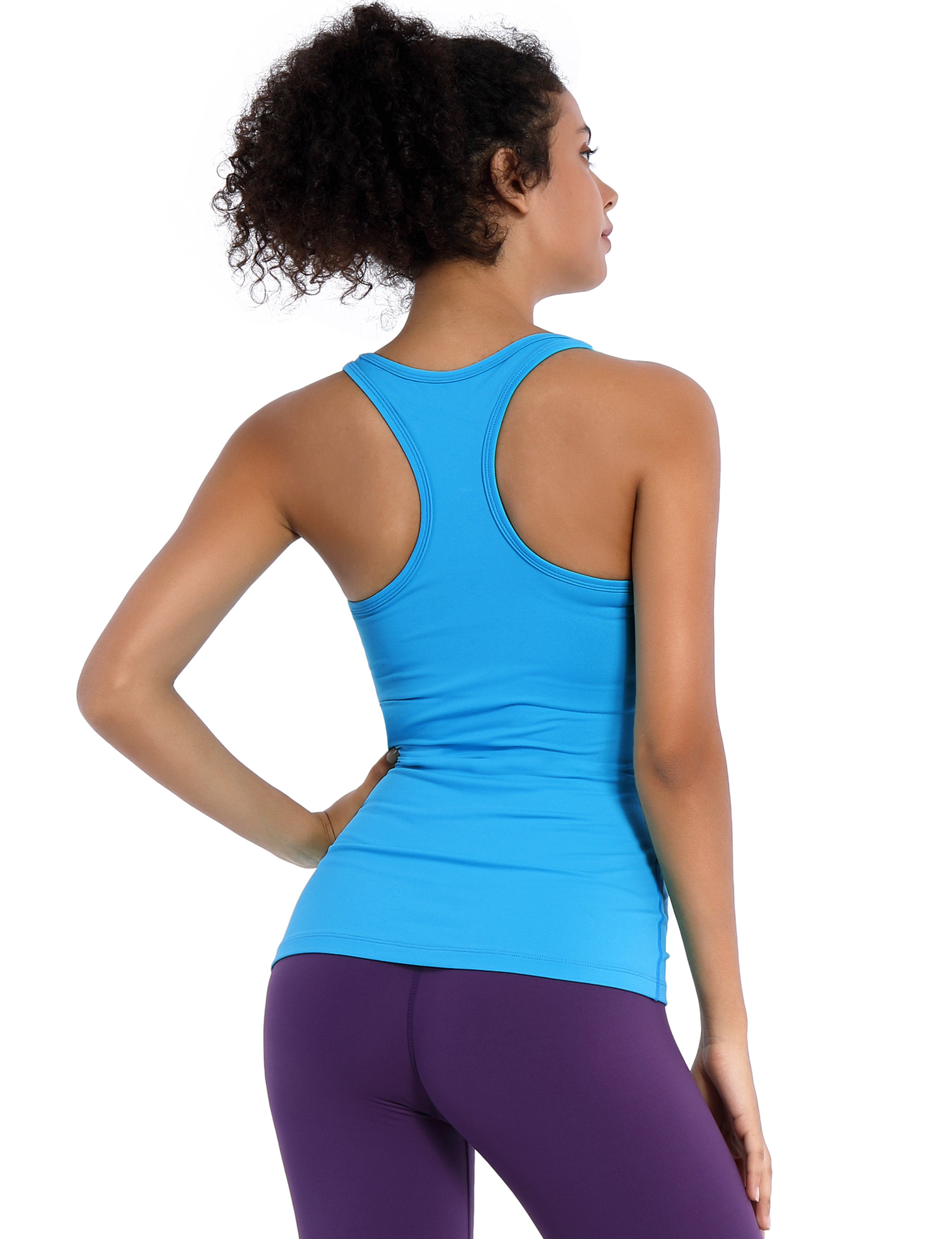 Racerback Athletic Tank Tops electricblue 92%Nylon/8%Spandex(Cotton Soft) Designed for Yoga Tight Fit So buttery soft, it feels weightless Sweat-wicking Four-way stretch Breathable Contours your body Sits below the waistband for moderate, everyday coverage