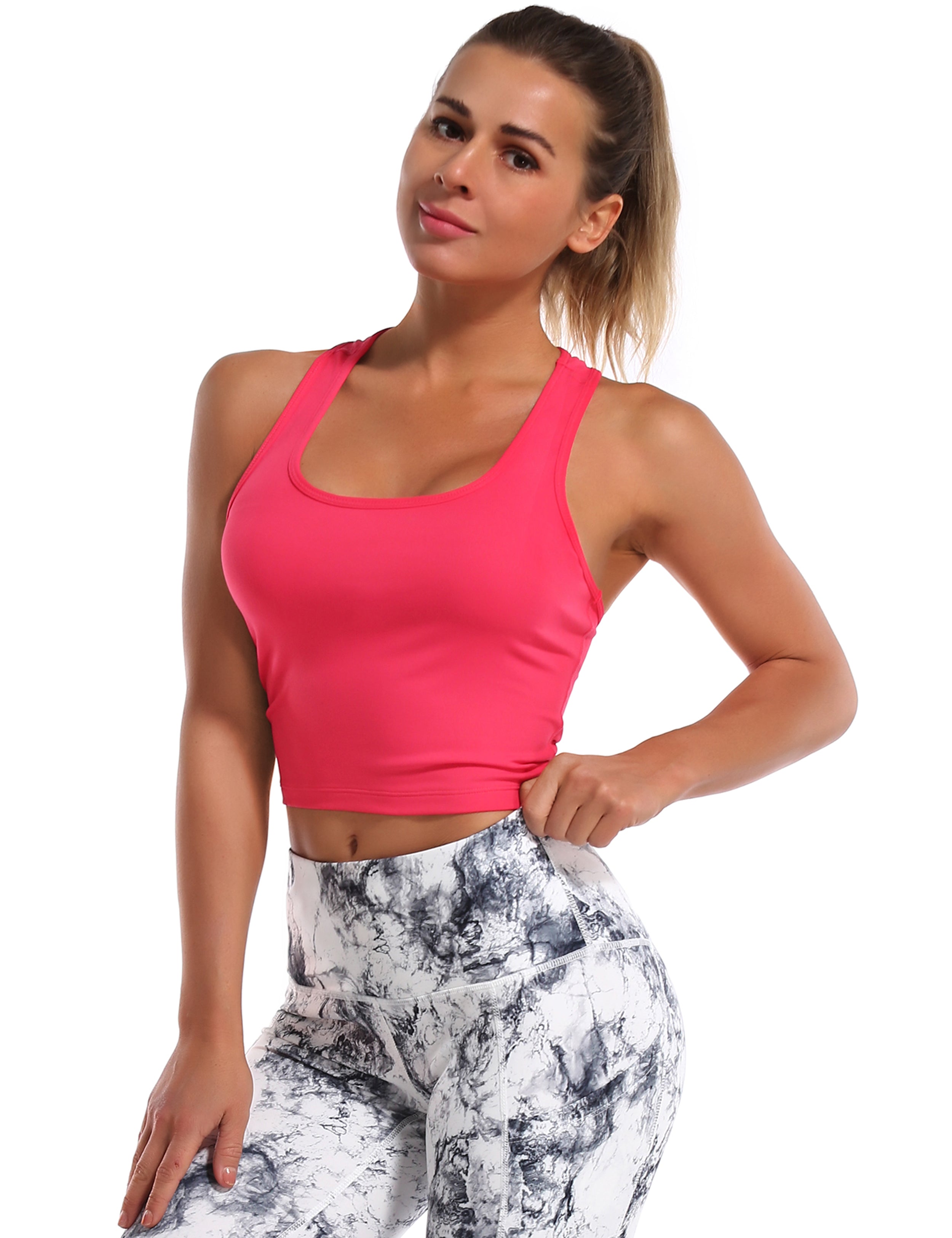Racerback Athletic Crop Tank Tops red 92%Nylon/8%Spandex(Cotton Soft) Designed for Golf Tight Fit So buttery soft, it feels weightless Sweat-wicking Four-way stretch Breathable Contours your body Sits below the waistband for moderate, everyday coverage