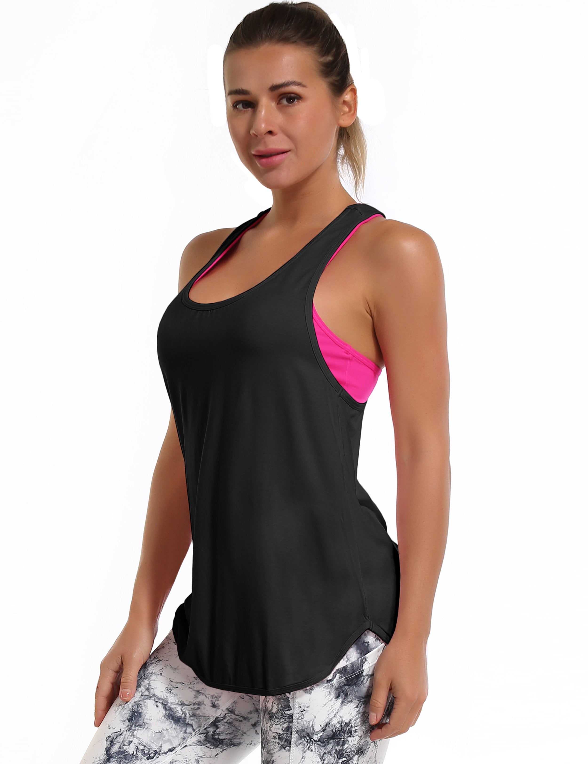 Loose Fit Racerback Tank Top black Designed for On the Move Loose fit 93%Modal/7%Spandex Four-way stretch Naturally breathable Super-Soft, Modal Fabric
