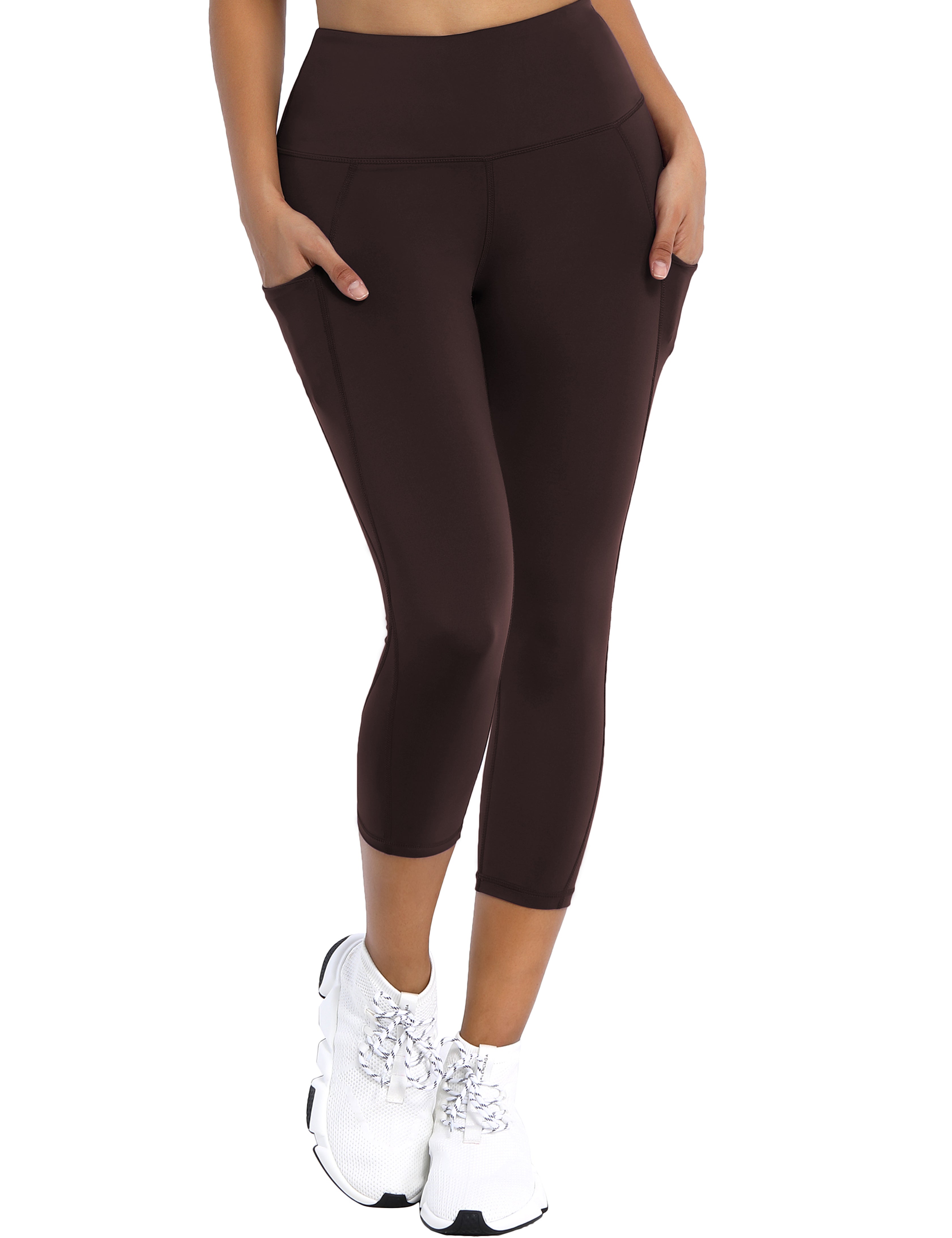 19" High Waist Side Pockets Capris mahoganymaroon 75%Nylon/25%Spandex Fabric doesn't attract lint easily 4-way stretch No see-through Moisture-wicking Tummy control Inner pocket
