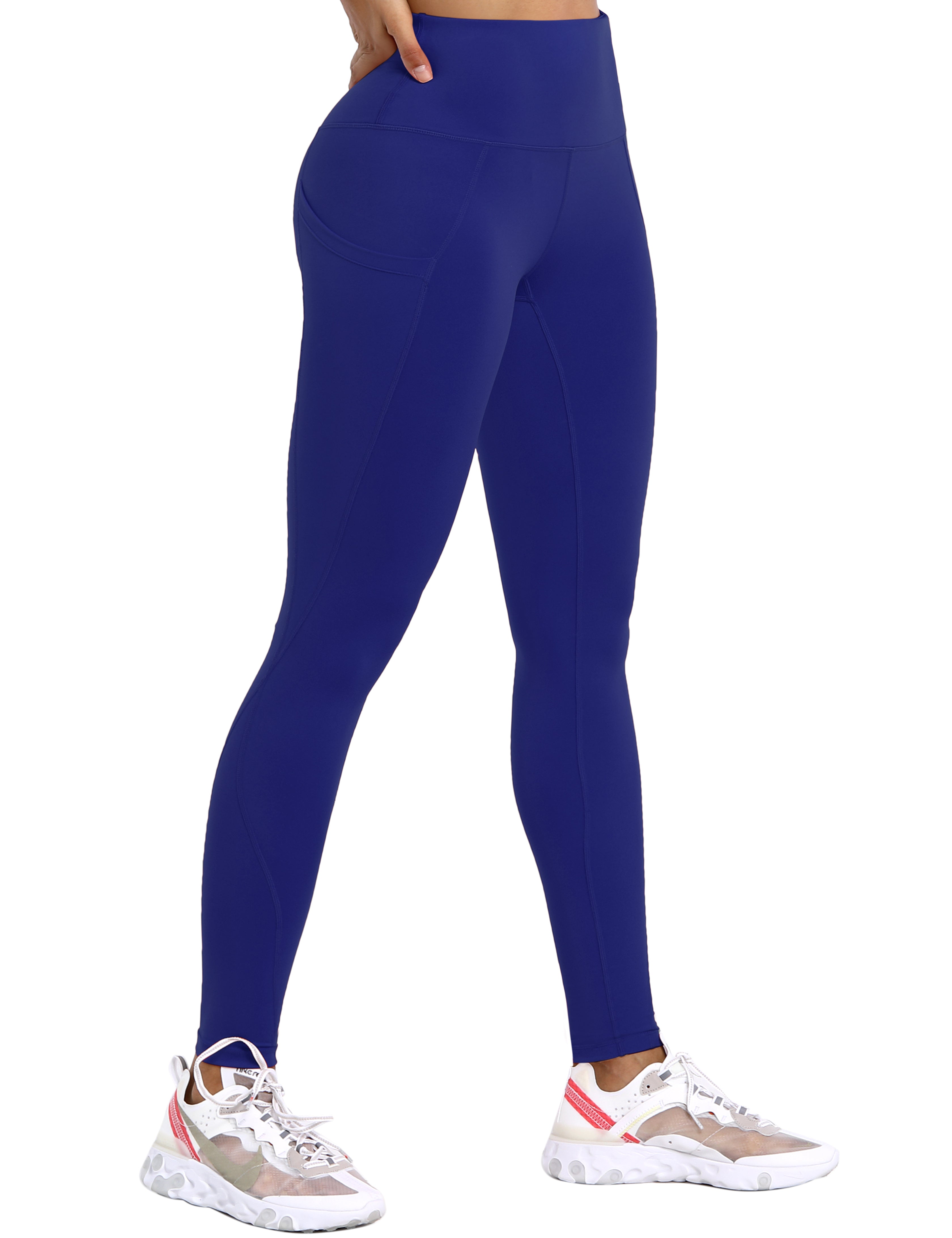 High Waist Side Pockets Yoga Pants navy 75% Nylon, 25% Spandex Fabric doesn't attract lint easily 4-way stretch No see-through Moisture-wicking Tummy control Inner pocket
