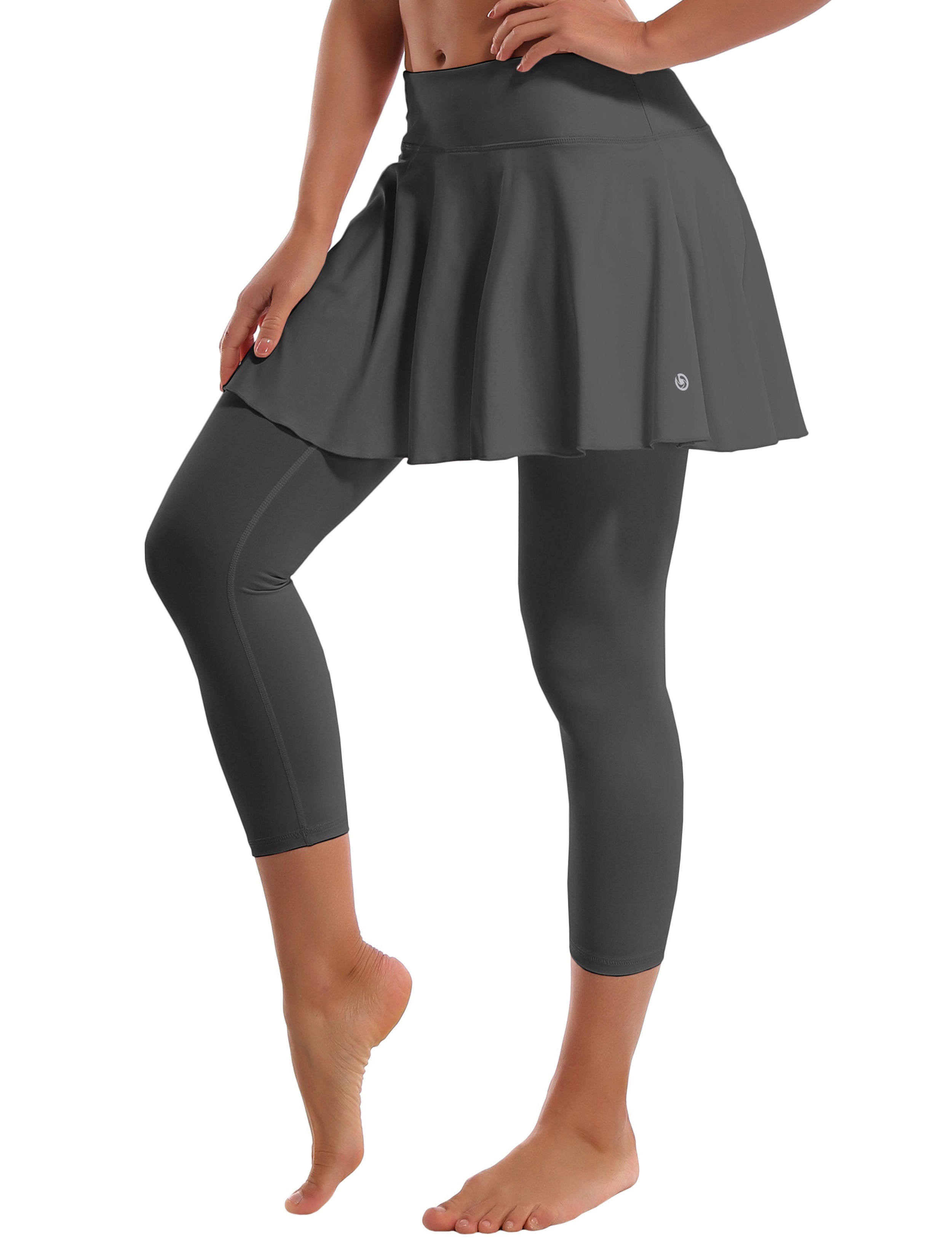 19" Capris Tennis Golf Skirted Leggings with Pockets shadowcharcoal 80%Nylon/20%Spandex UPF 50+ sun protection Elastic closure Lightweight, Wrinkle Moisture wicking Quick drying Secure & comfortable two layer Hidden pocket