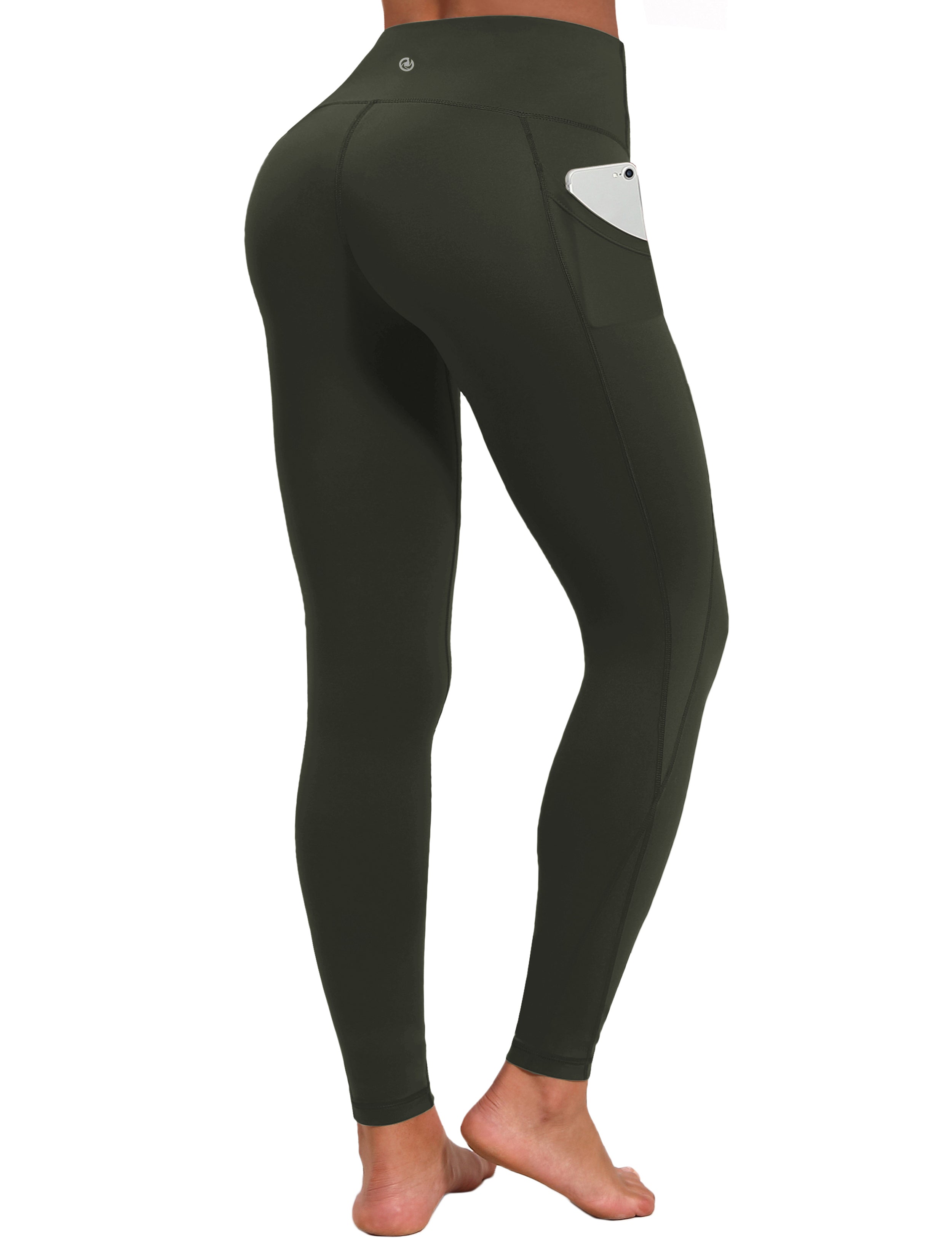 High Waist Side Pockets Running Pants olivegray 75% Nylon, 25% Spandex Fabric doesn't attract lint easily 4-way stretch No see-through Moisture-wicking Tummy control Inner pocket