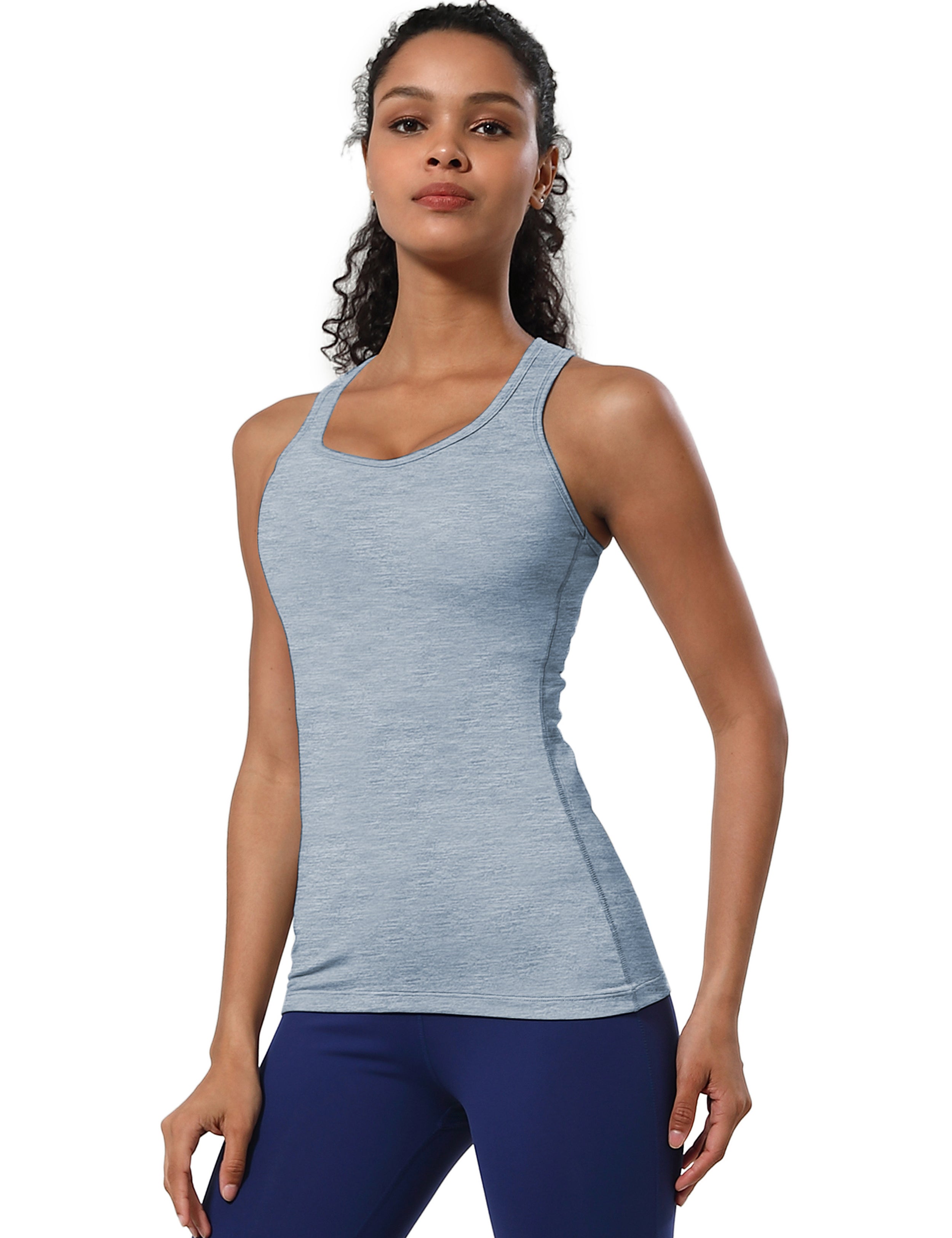 Racerback Athletic Tank Tops heatherblue 92%Nylon/8%Spandex(Cotton Soft) Designed for Pilates Tight Fit So buttery soft, it feels weightless Sweat-wicking Four-way stretch Breathable Contours your body Sits below the waistband for moderate, everyday coverage