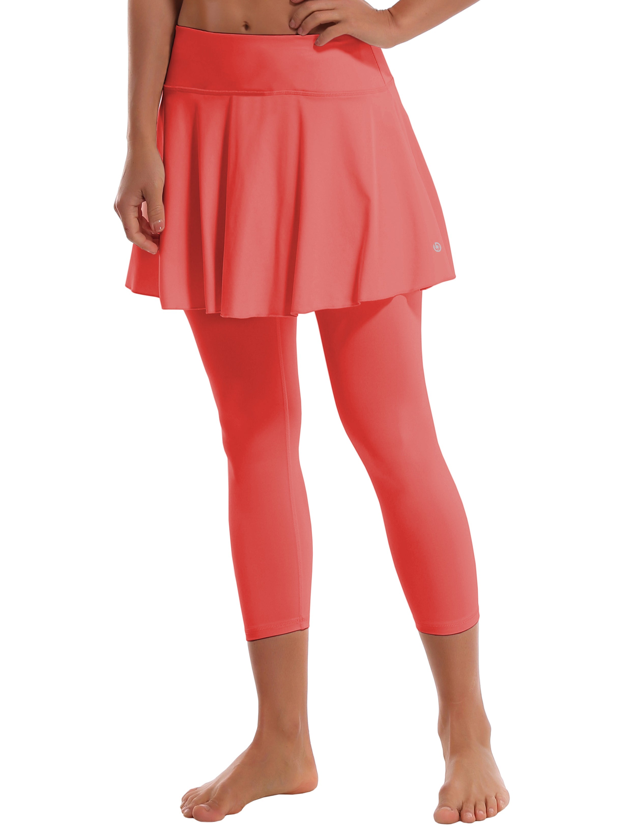 19" Capris Tennis Golf Skirted Leggings with Pockets coral 80%Nylon/20%Spandex UPF 50+ sun protection Elastic closure Lightweight, Wrinkle Moisture wicking Quick drying Secure & comfortable two layer Hidden pocket