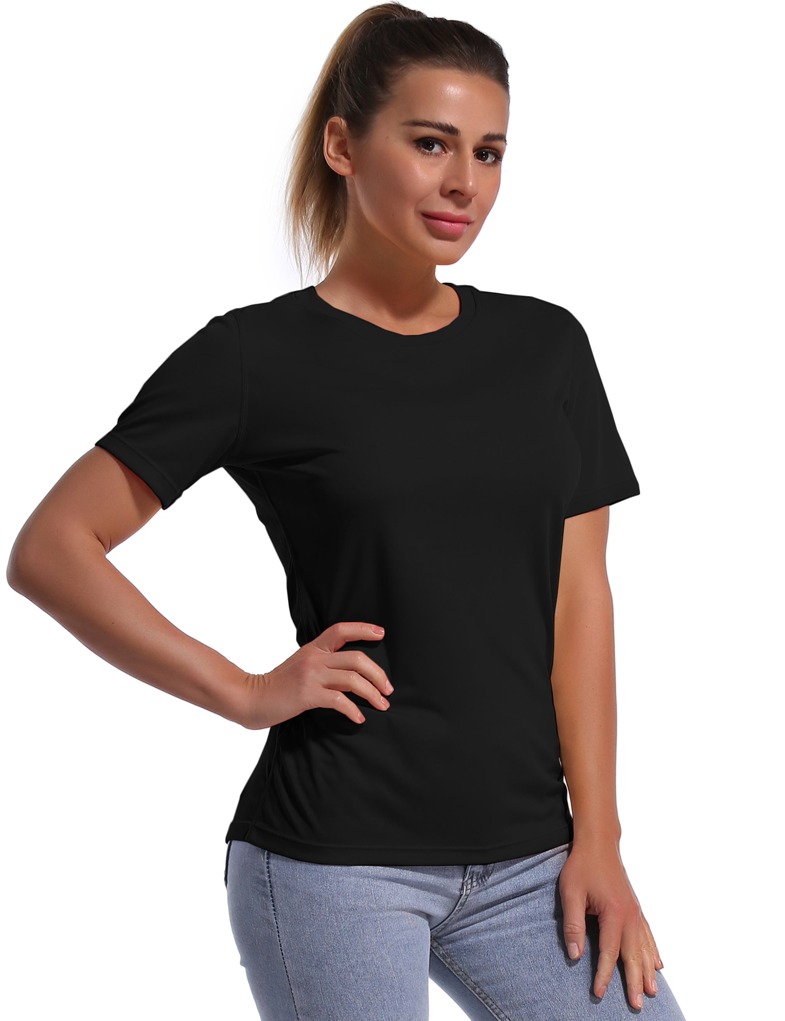 Short Sleeve Athletic Shirts black 100% polyester Lightweight Slim Fit UPF 50+ blocks sun's harmful rays Treated to wick moisture, dries ultra-fast