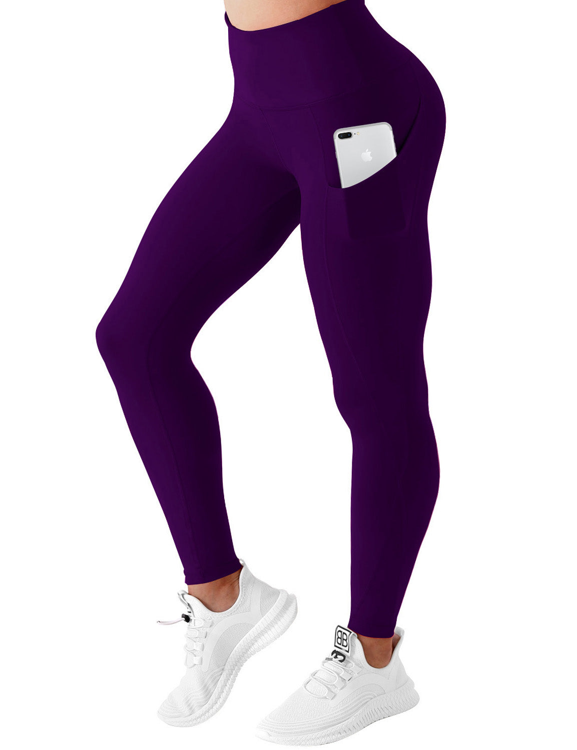 High Waist Side Pockets Running Pants eggplantpurple 75% Nylon, 25% Spandex Fabric doesn't attract lint easily 4-way stretch No see-through Moisture-wicking Tummy control Inner pocket
