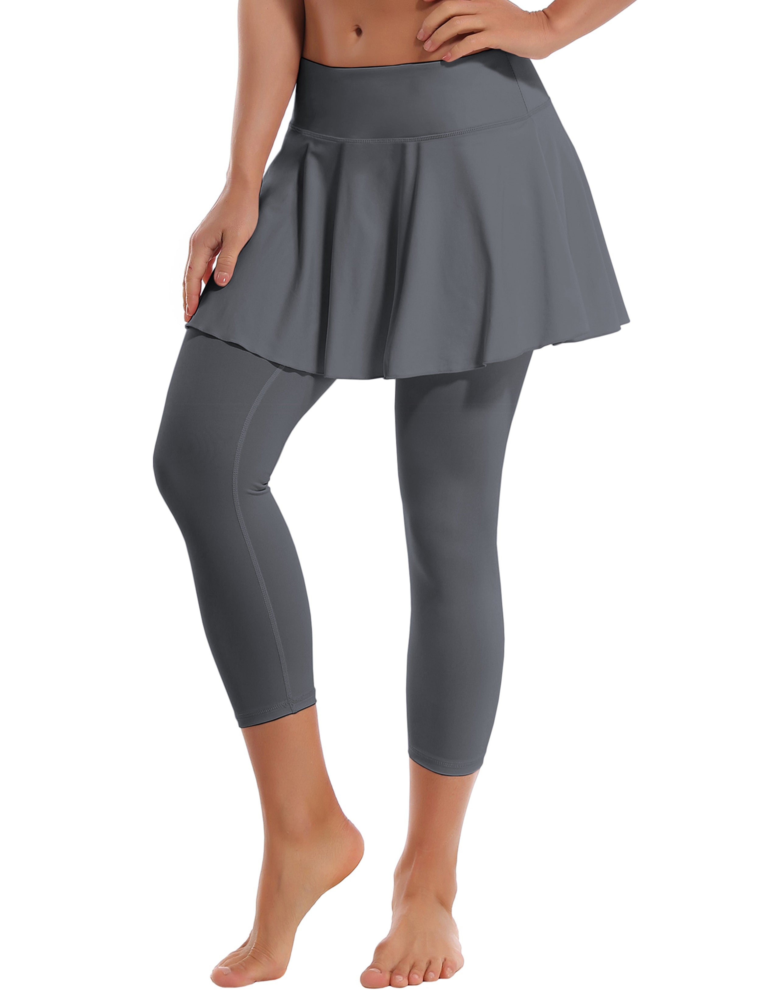 19" Capris Tennis Golf Skirted Leggings with Pockets gray 80%Nylon/20%Spandex UPF 50+ sun protection Elastic closure Lightweight, Wrinkle Moisture wicking Quick drying Secure & comfortable two layer Hidden pocket