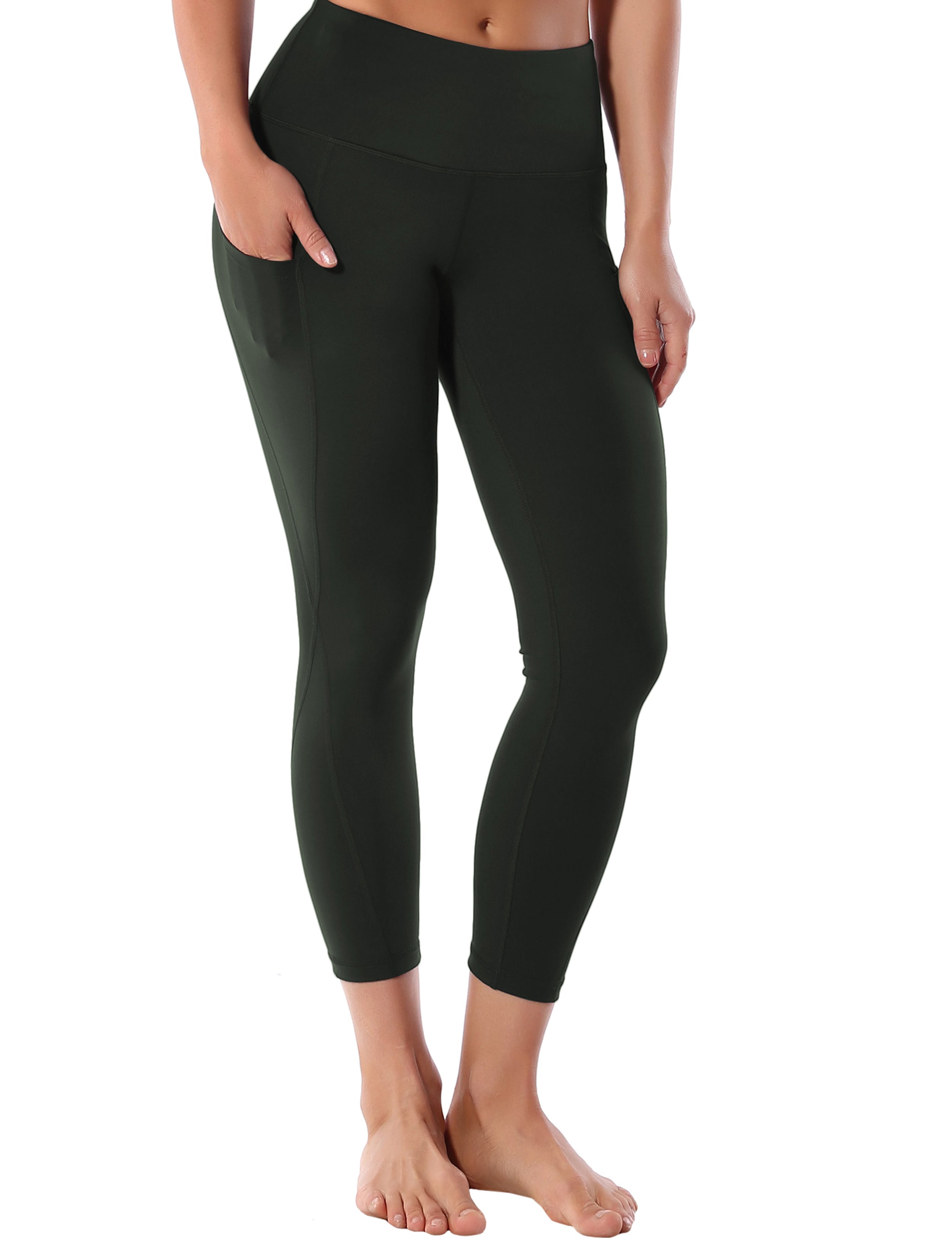 22" High Waist Side Pockets Capris olivegray 75%Nylon/25%Spandex Fabric doesn't attract lint easily 4-way stretch No see-through Moisture-wicking Tummy control Inner pocket