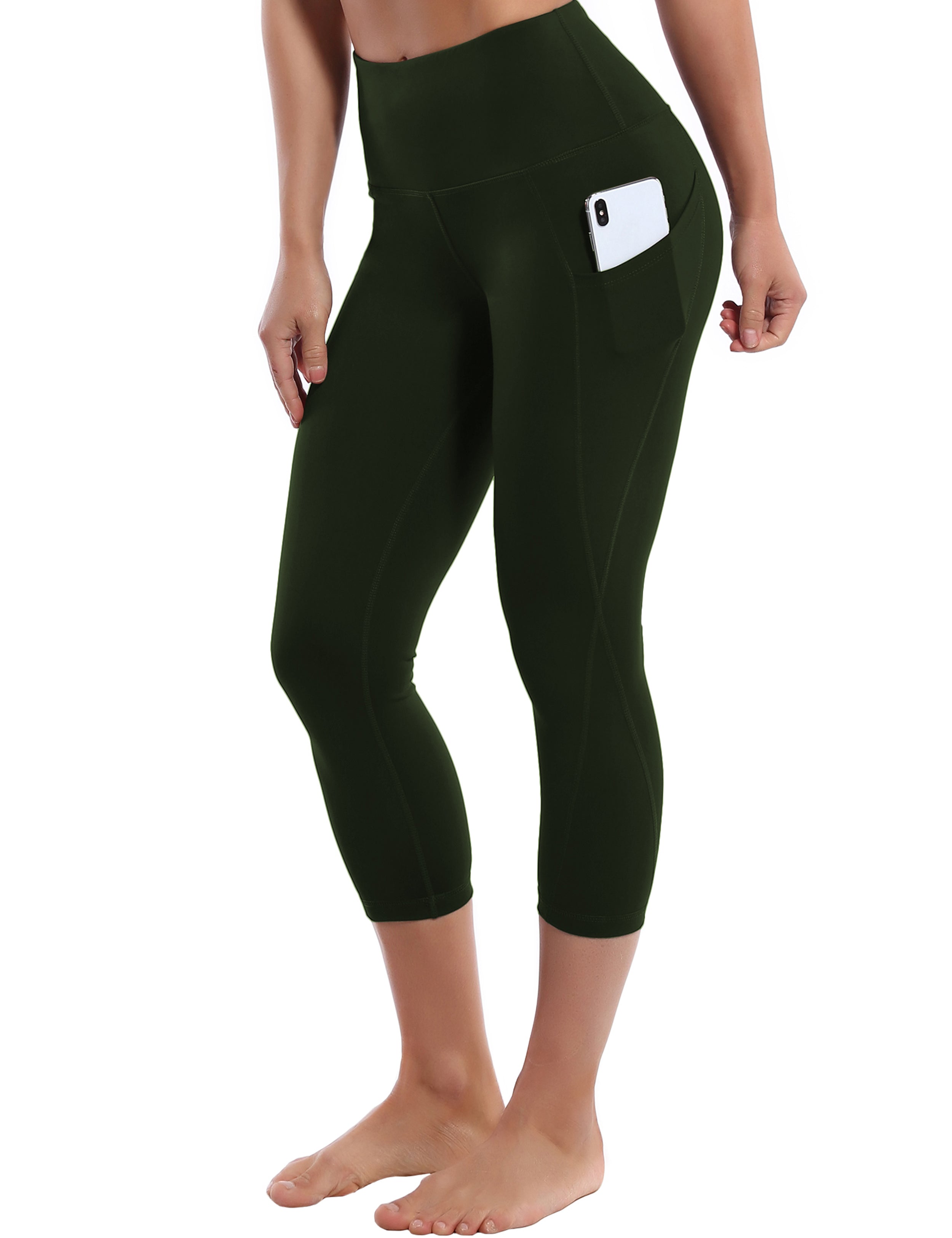19" High Waist Side Pockets Capris olivegray 75%Nylon/25%Spandex Fabric doesn't attract lint easily 4-way stretch No see-through Moisture-wicking Tummy control Inner pocket