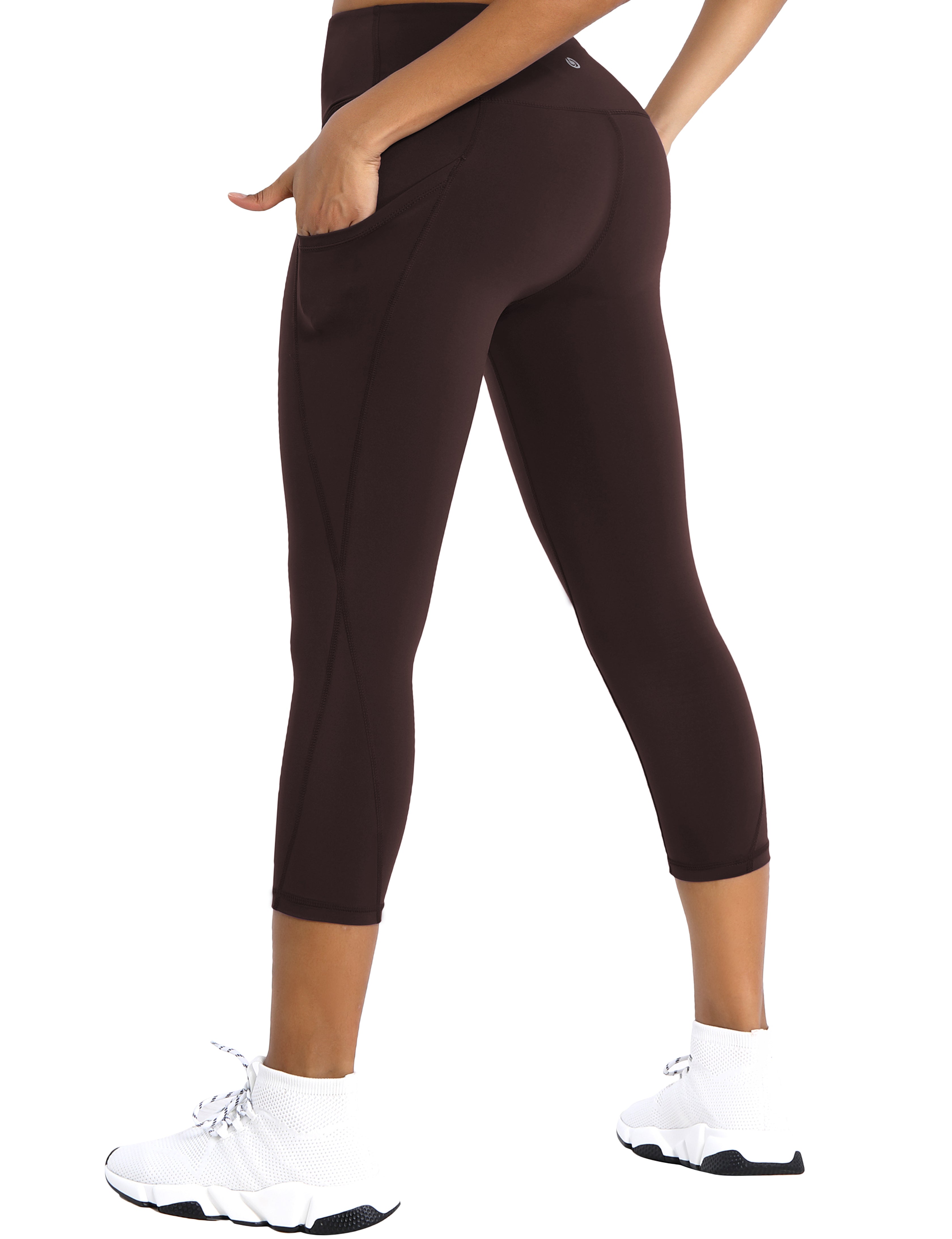 19" High Waist Side Pockets Capris mahoganymaroon 75%Nylon/25%Spandex Fabric doesn't attract lint easily 4-way stretch No see-through Moisture-wicking Tummy control Inner pocket