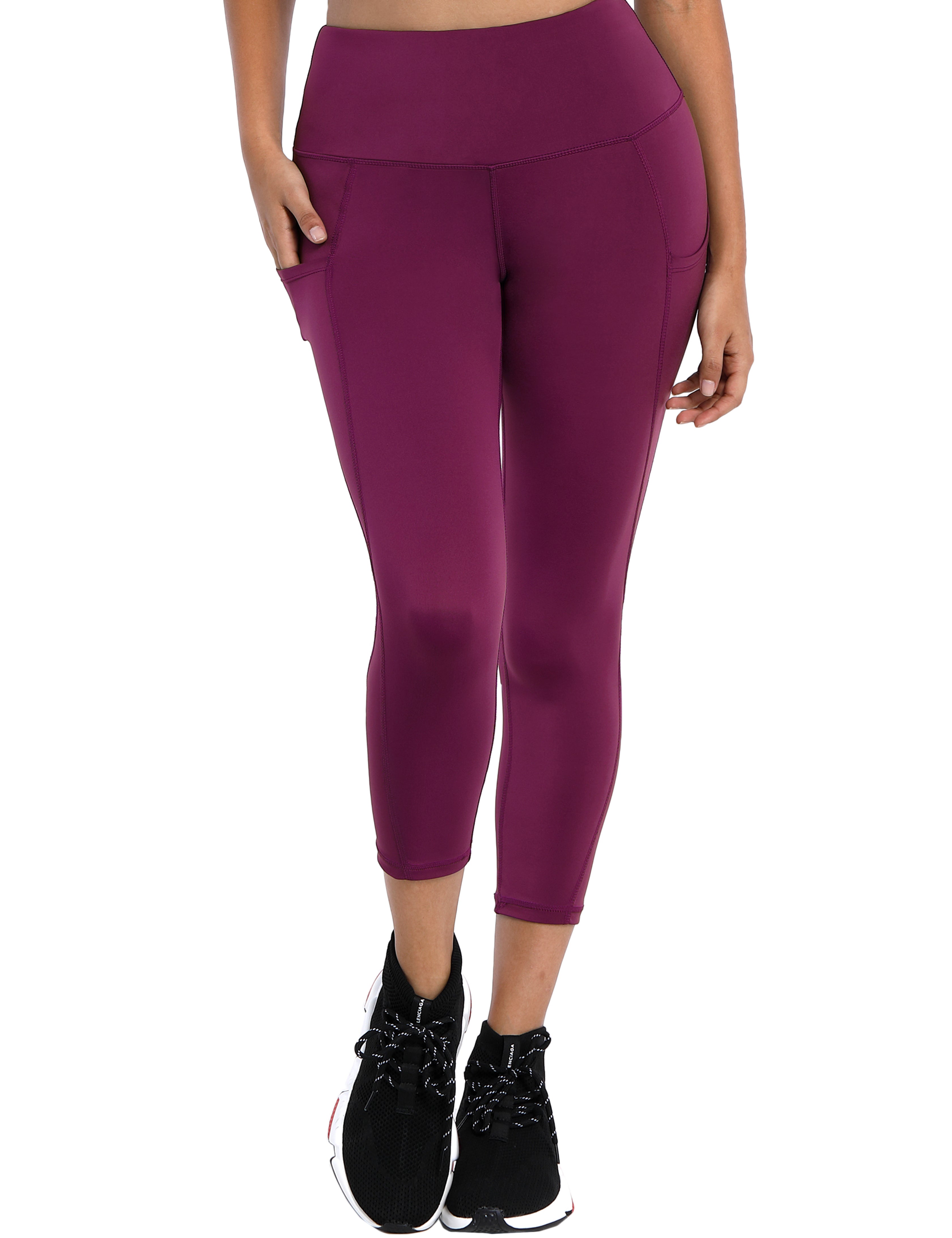 22" High Waist Side Pockets Capris grapevine 75%Nylon/25%Spandex Fabric doesn't attract lint easily 4-way stretch No see-through Moisture-wicking Tummy control Inner pocket