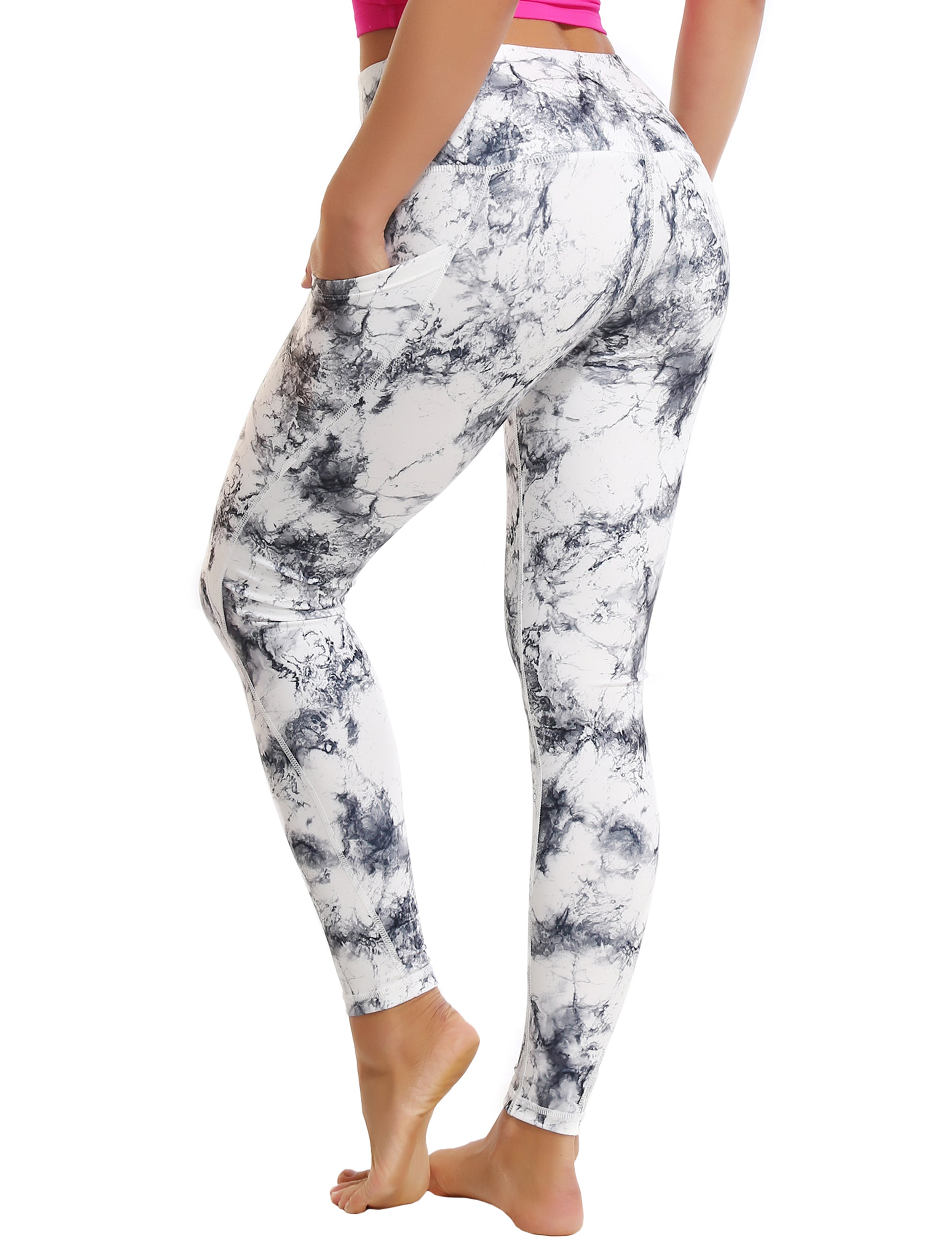 High Waist Side Pockets Gym Pants arabescato 78%Polyester/22%Spandex Fabric doesn't attract lint easily 4-way stretch No see-through Moisture-wicking Tummy control Inner pocket