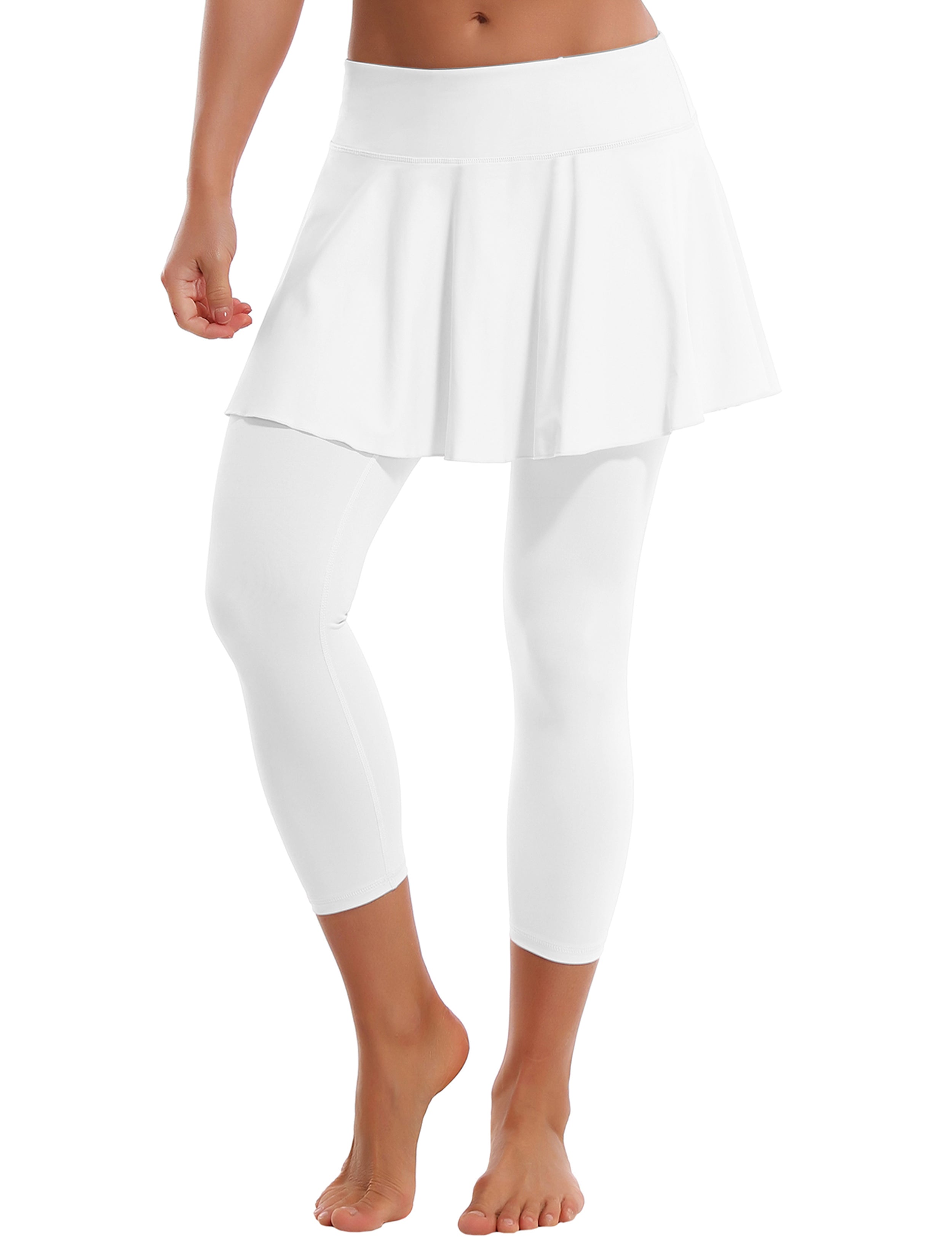 19" Capris Tennis Golf Skirted Leggings with Pockets white 80%Nylon/20%Spandex UPF 50+ sun protection Elastic closure Lightweight, Wrinkle Moisture wicking Quick drying Secure & comfortable two layer Hidden pocket