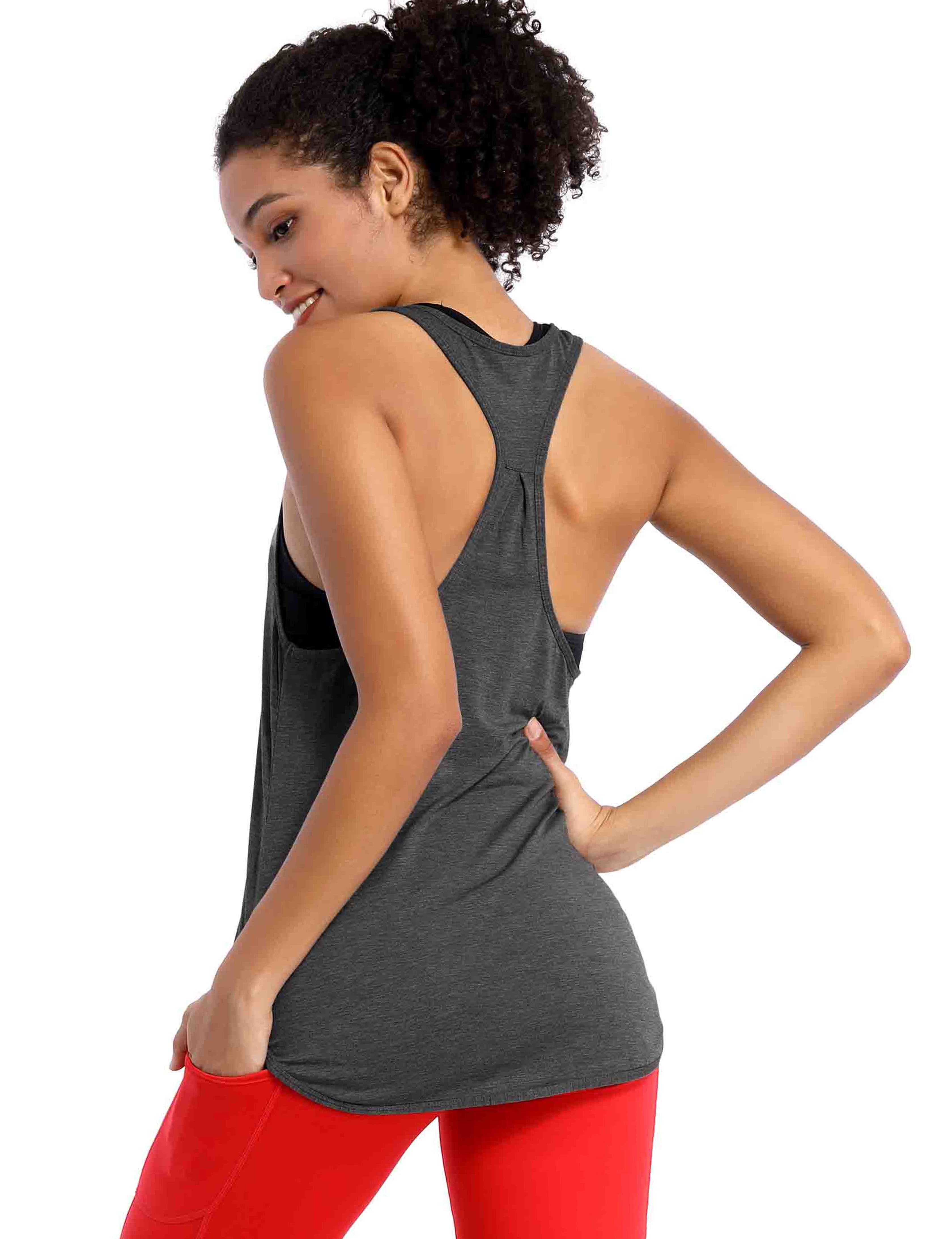 Loose Fit Racerback Tank Top heathercharcoal Designed for On the Move Loose fit 93%Modal/7%Spandex Four-way stretch Naturally breathable Super-Soft, Modal Fabric