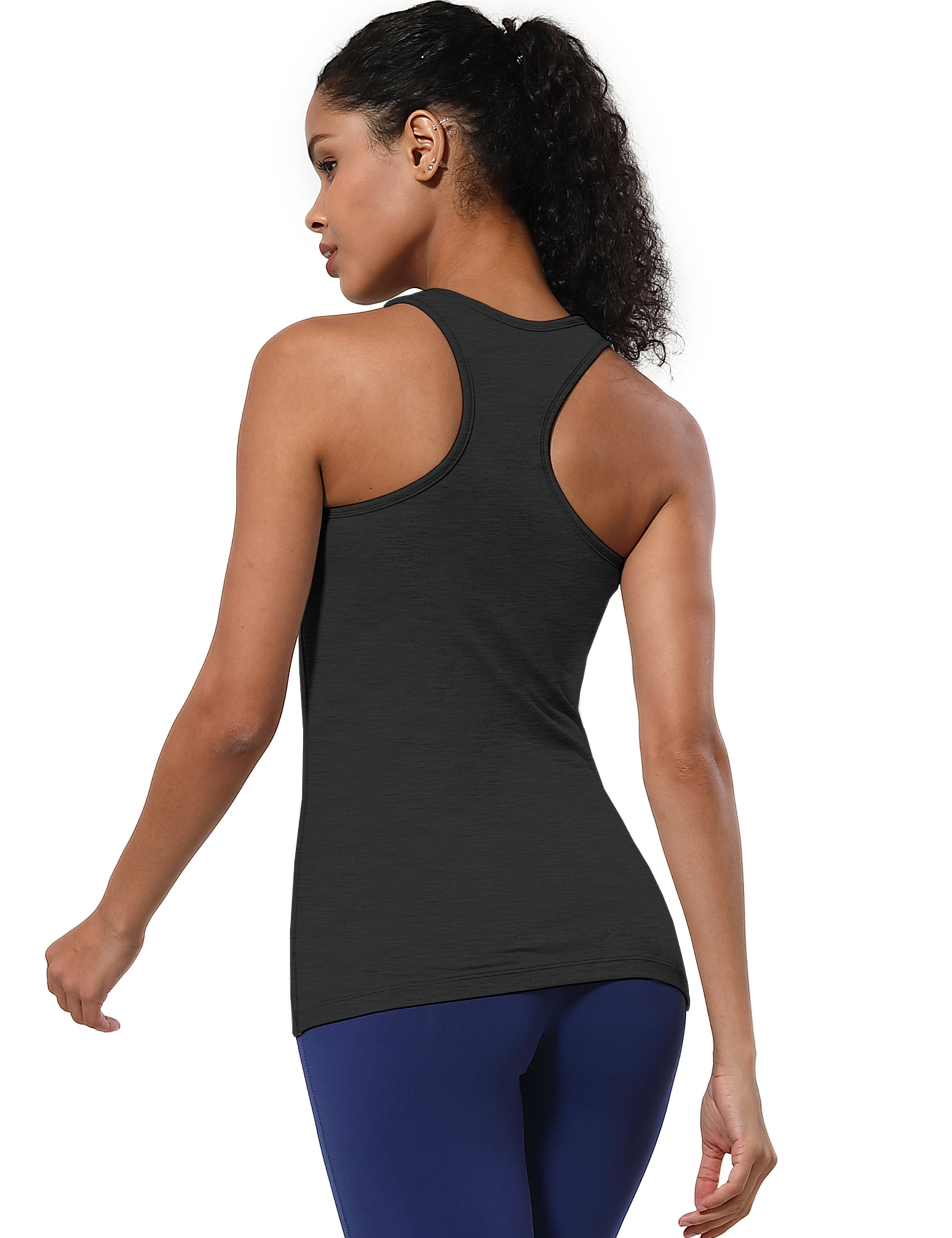 Racerback Athletic Tank Tops heathercharcoal 92%Nylon/8%Spandex(Cotton Soft) Designed for Yoga Tight Fit So buttery soft, it feels weightless Sweat-wicking Four-way stretch Breathable Contours your body Sits below the waistband for moderate, everyday coverage