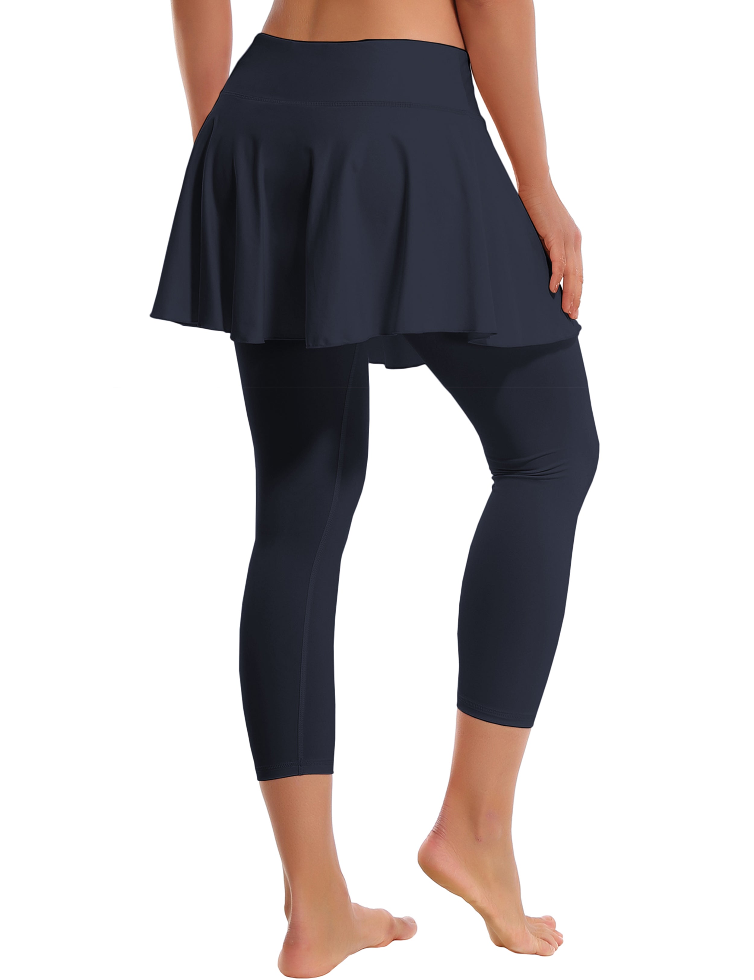 19" Capris Tennis Golf Skirted Leggings with Pockets darknavy 80%Nylon/20%Spandex UPF 50+ sun protection Elastic closure Lightweight, Wrinkle Moisture wicking Quick drying Secure & comfortable two layer Hidden pocket
