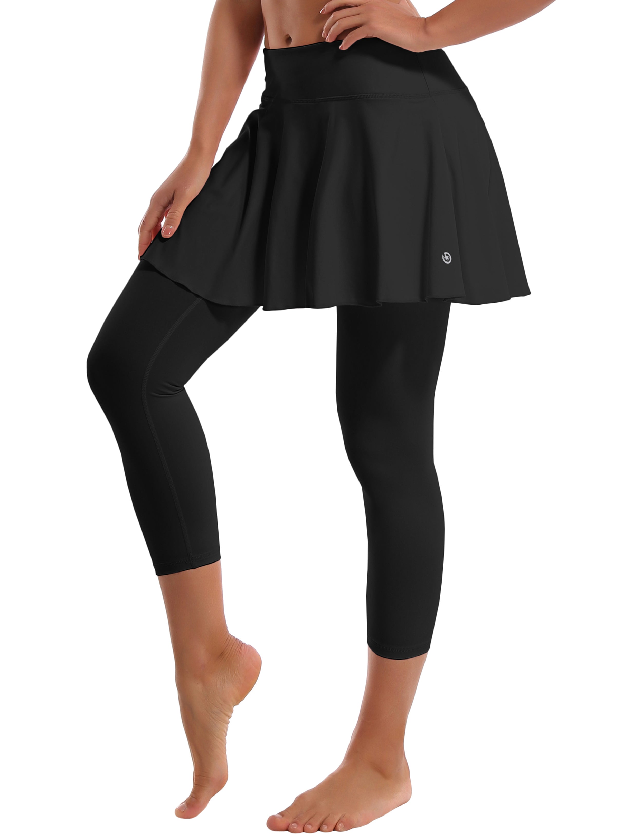 19" Capris Tennis Golf Skirted Leggings with Pockets black 80%Nylon/20%Spandex UPF 50+ sun protection Elastic closure Lightweight, Wrinkle Moisture wicking Quick drying Secure & comfortable two layer Hidden pocket
