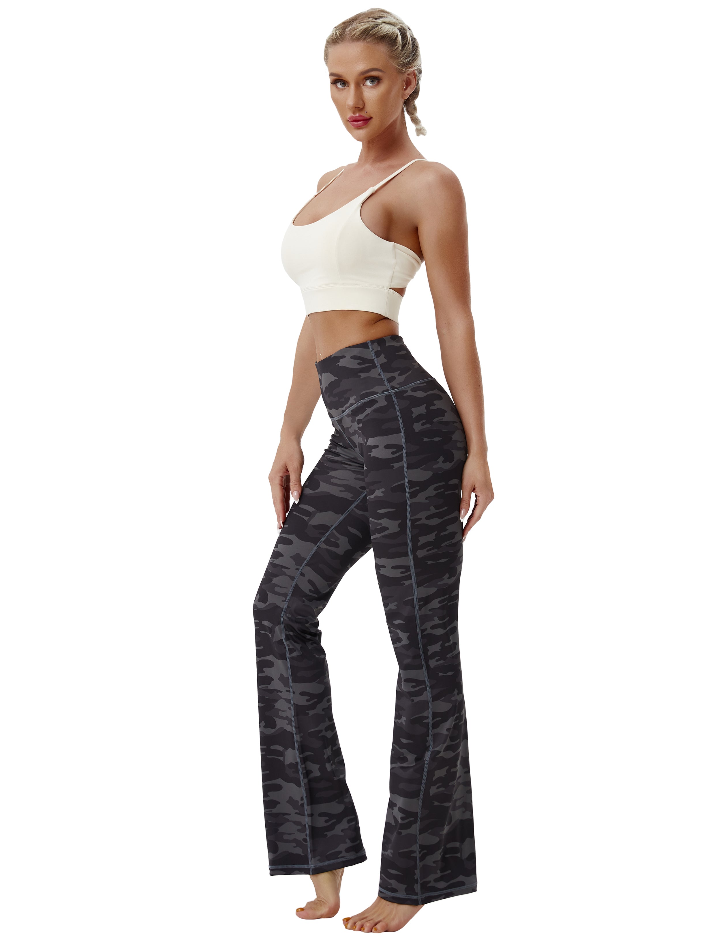 High Waist Printed Bootcut Leggings dimgray camo 78%Polyester/22%Spandex Fabric doesn't attract lint easily 4-way stretch No see-through Moisture-wicking Tummy control Inner pocket Five lengths