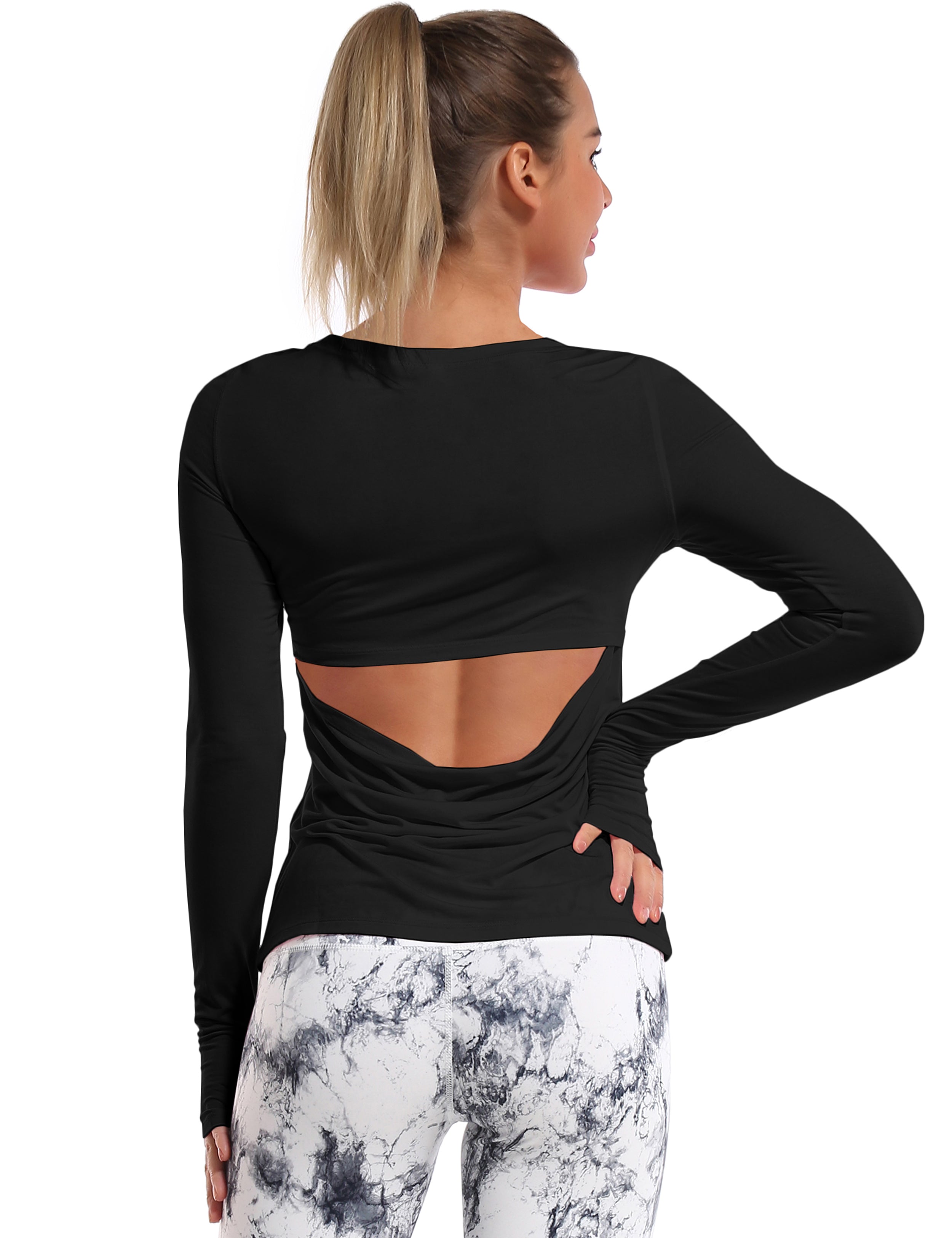 Open Back Long Sleeve Tops black Designed for On the Move Slim fit 93%Modal/7%Spandex Four-way stretch Naturally breathable Super-Soft, Modal Fabric