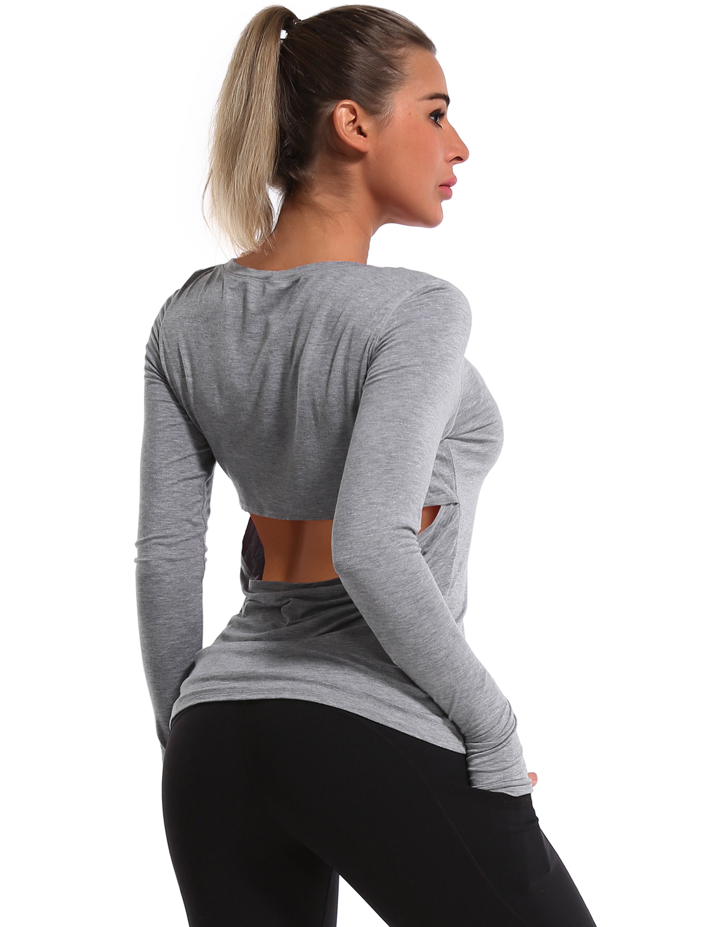 Open Back Long Sleeve Tops heathergray Designed for On the Move Slim fit 93%Modal/7%Spandex Four-way stretch Naturally breathable Super-Soft, Modal Fabric