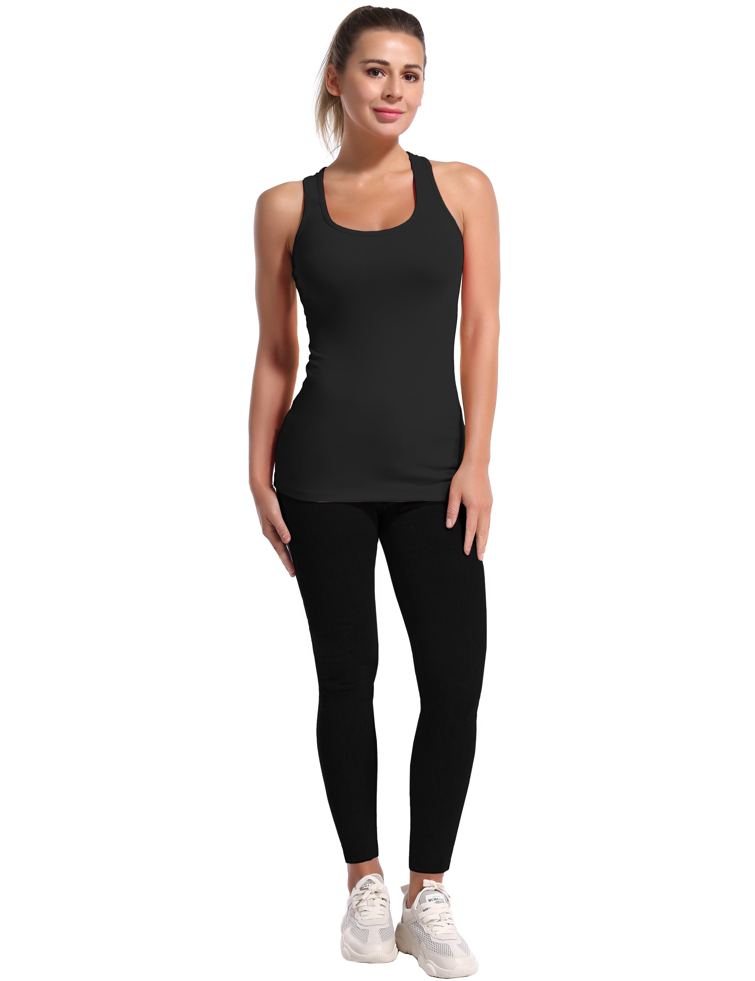 Racerback Athletic Tank Tops black 92%Nylon/8%Spandex(Cotton Soft) Designed for Golf Tight Fit So buttery soft, it feels weightless Sweat-wicking Four-way stretch Breathable Contours your body Sits below the waistband for moderate, everyday coverage