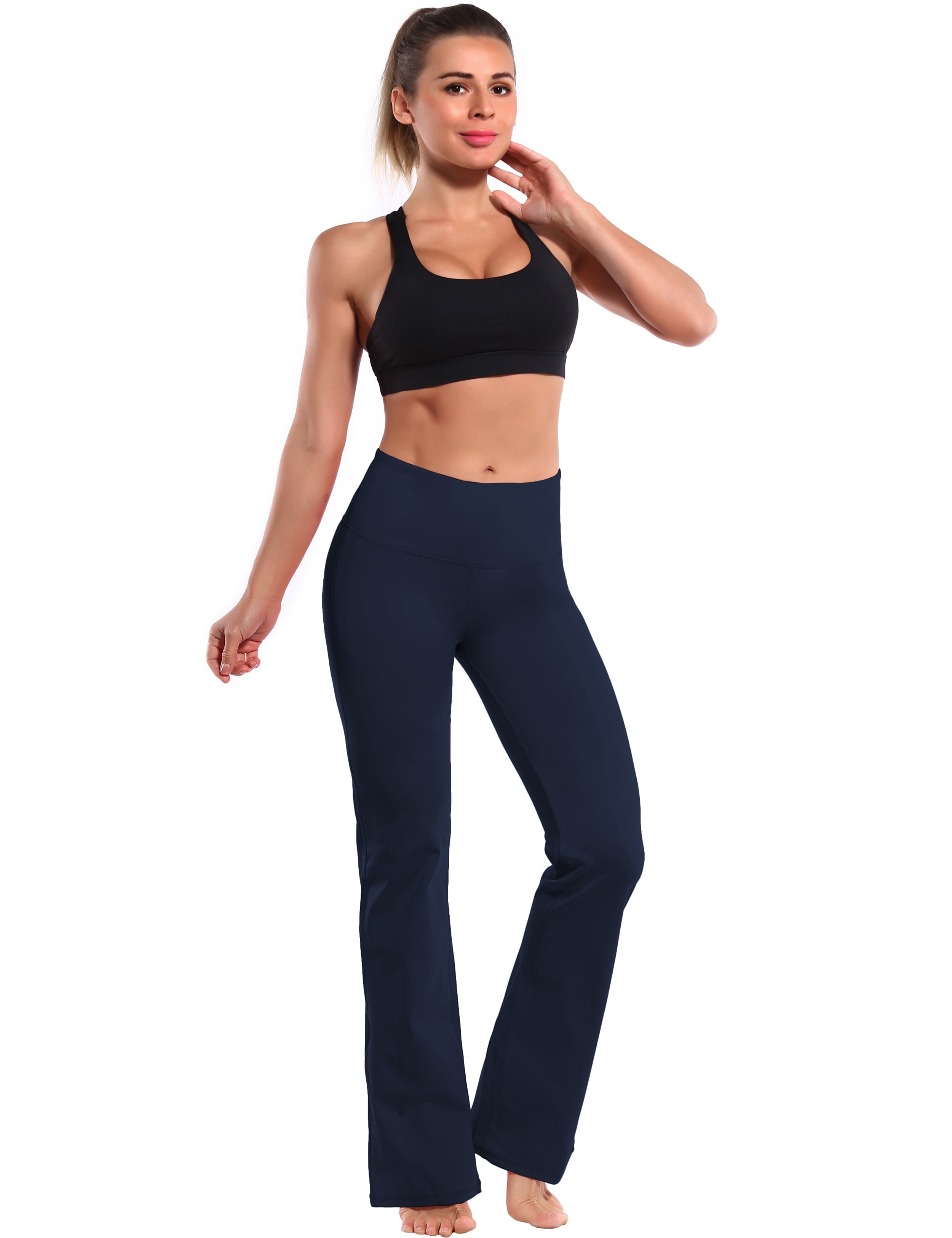 High Waist Bootcut Leggings Darknavy 75%Nylon/25%Spandex Fabric doesn't attract lint easily 4-way stretch No see-through Moisture-wicking Tummy control Inner pocket Five lengths