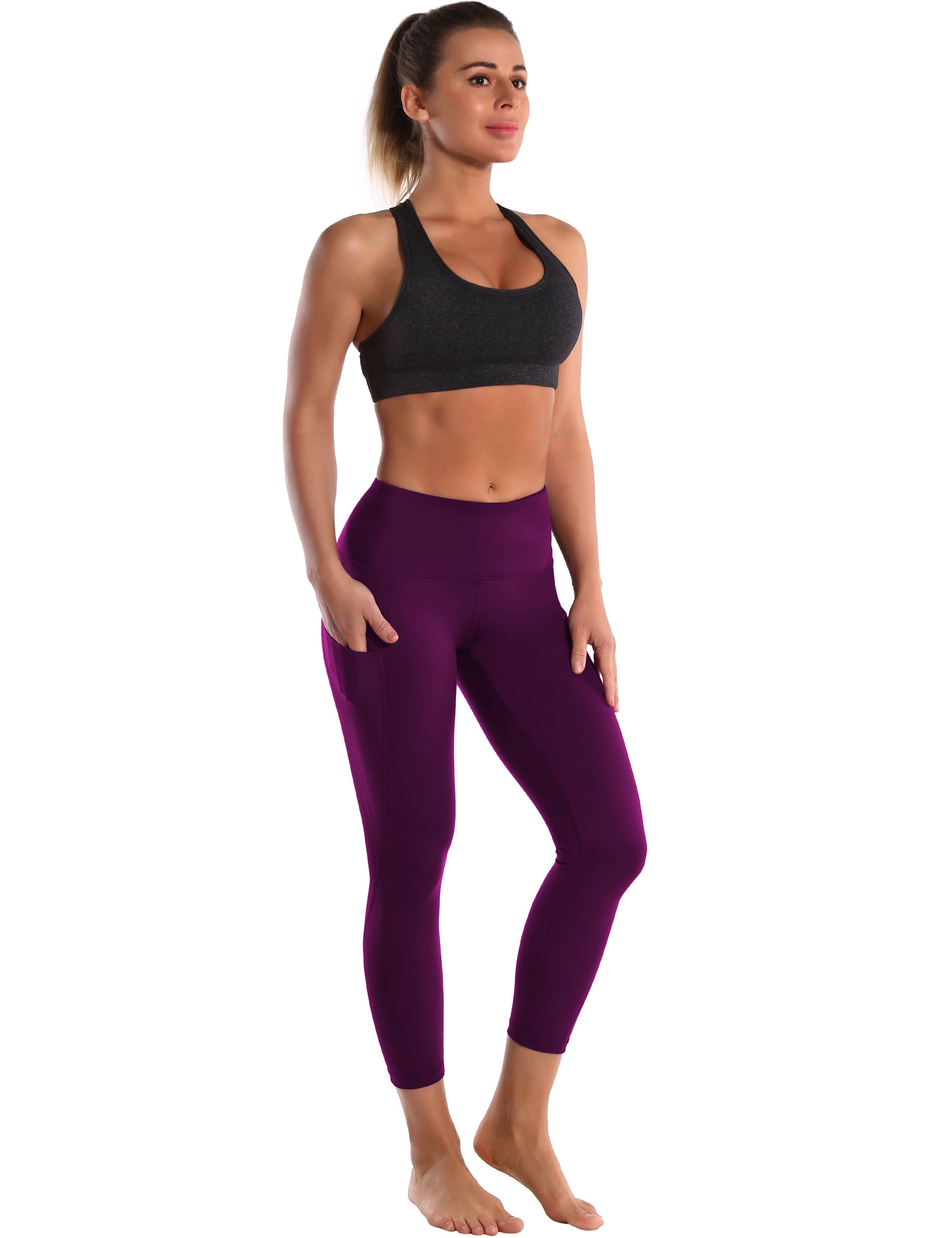 22" High Waist Side Pockets Capris plum 75%Nylon/25%Spandex Fabric doesn't attract lint easily 4-way stretch No see-through Moisture-wicking Tummy control Inner pocket