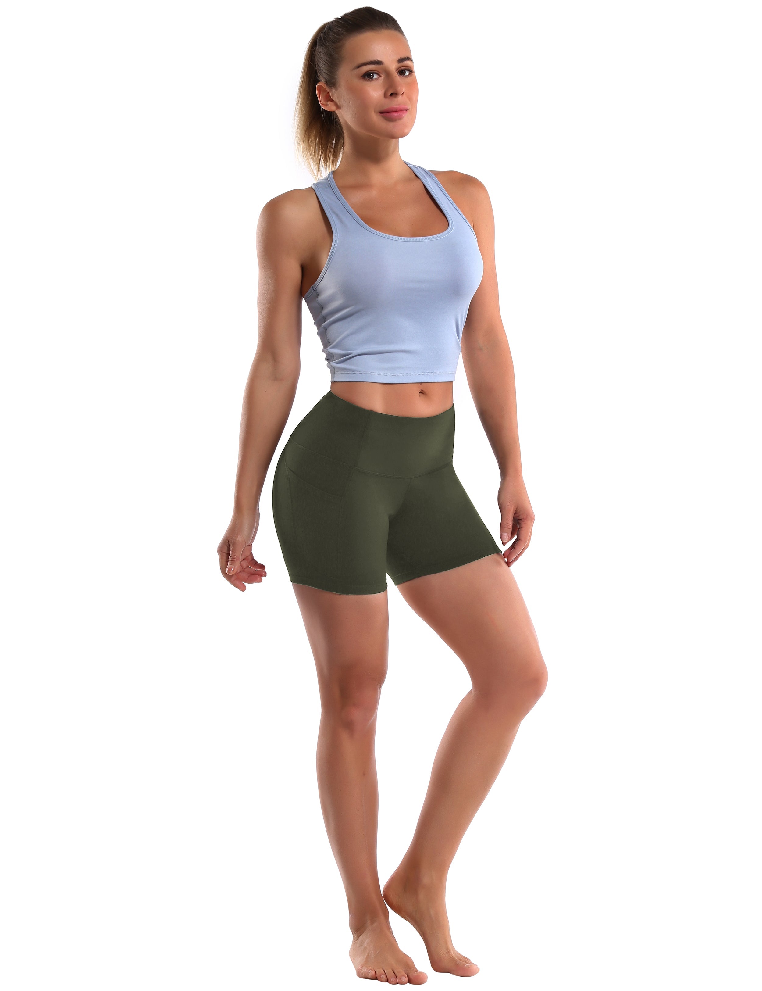 High Waist Side Pockets Running Shorts green Softest-ever fabric High elasticity 4-way stretch Fabric doesn't attract lint easily No see-through Moisture-wicking Machine wash 88% Nylon, 12% Spandex