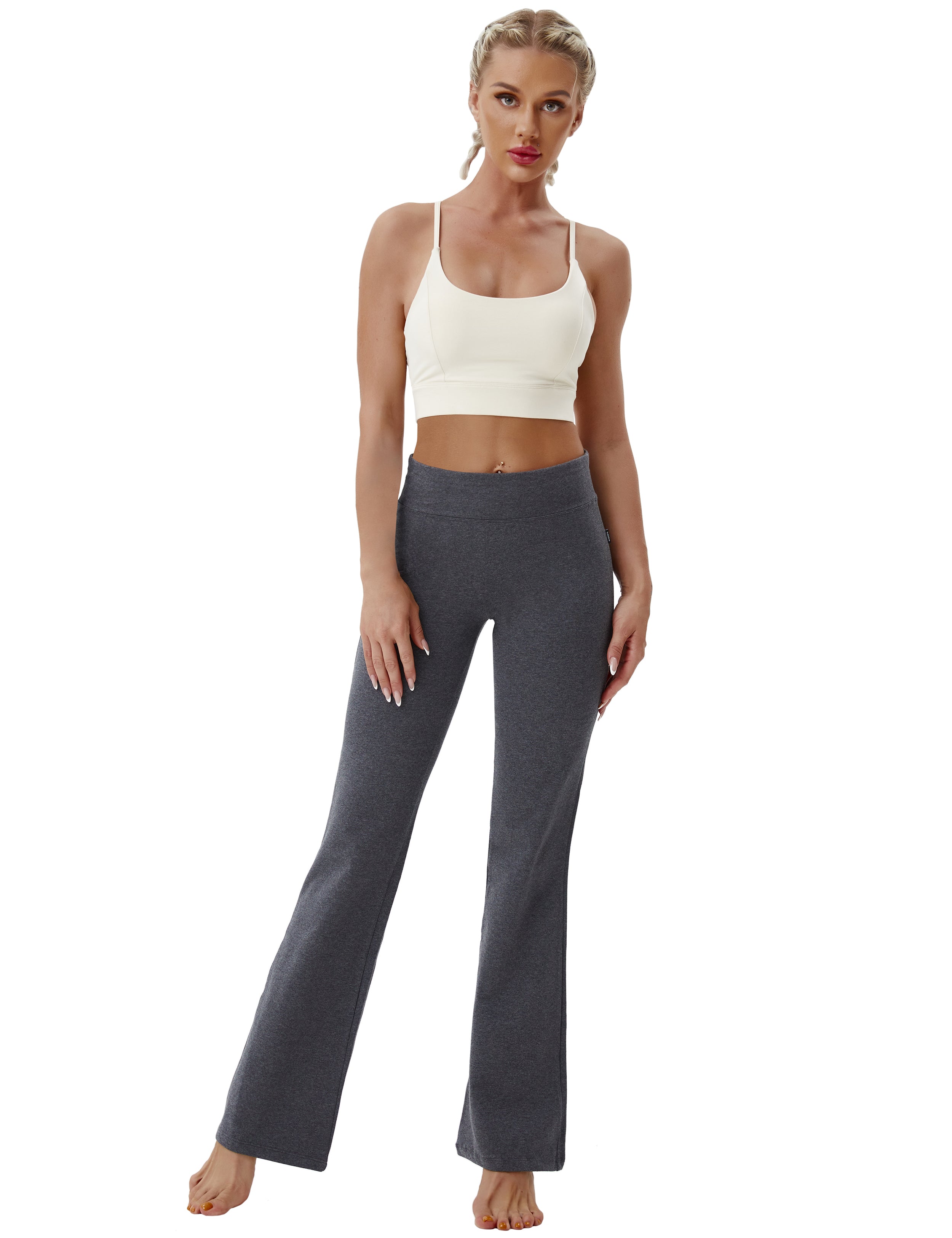 Cotton Bootcut Leggings heathercharcoal 90%Cotton/10%Spandex (soft and cotton feel) Fabric doesn't attract lint easily 4-way stretch No see-through Moisture-wicking Inner pocket Four lengths