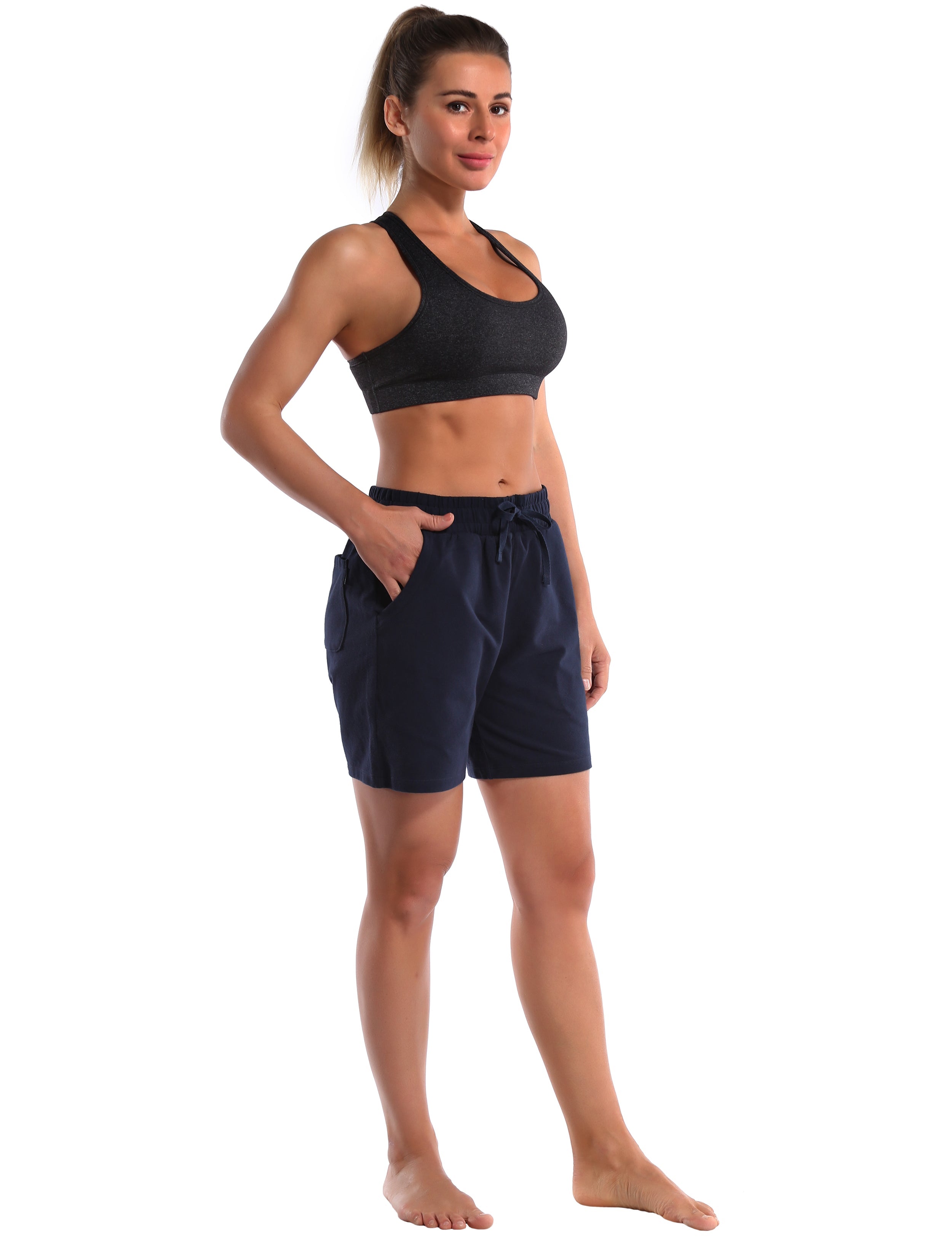 5" Joggers Shorts darknavy 90% Cotton, 10% Spandex Soft and Elastic Drawstring closure Lightweight & breathable fabric wicks away sweat to keep you comfortable Elastic waistband with internal drawcord for a snug, adjustable fit Big side pockets are available for 4.7", 5", 5.5" mobile phone Reflective logo helps you stand out in low light Perfect for any types of outdoor exercises and indoor fitness,like yoga,running,walking,jogging,lounging,workout,gym fitness,casual use,etc
