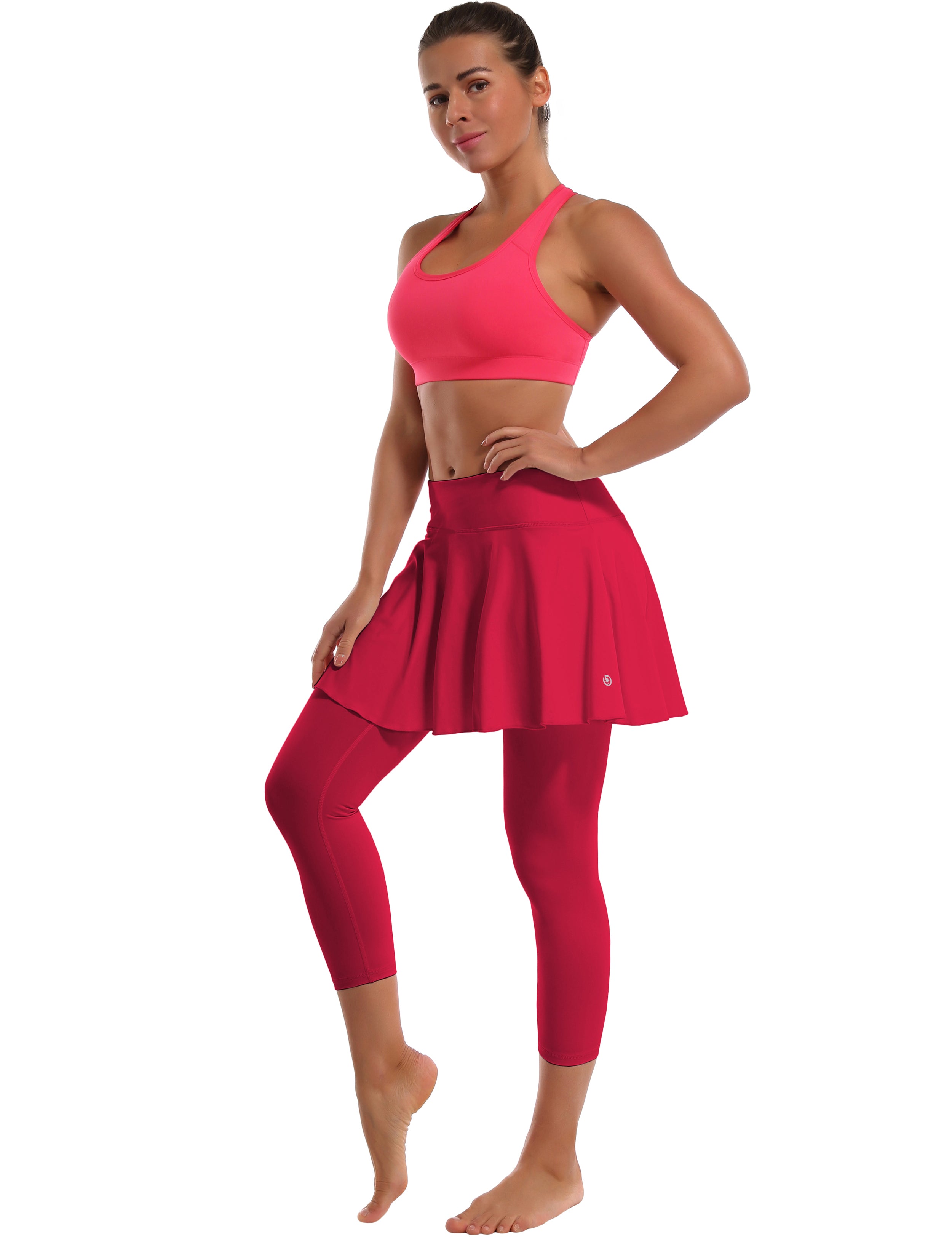 19" Capris Tennis Golf Skirted Leggings with Pockets rosecoral 80%Nylon/20%Spandex UPF 50+ sun protection Elastic closure Lightweight, Wrinkle Moisture wicking Quick drying Secure & comfortable two layer Hidden pocket
