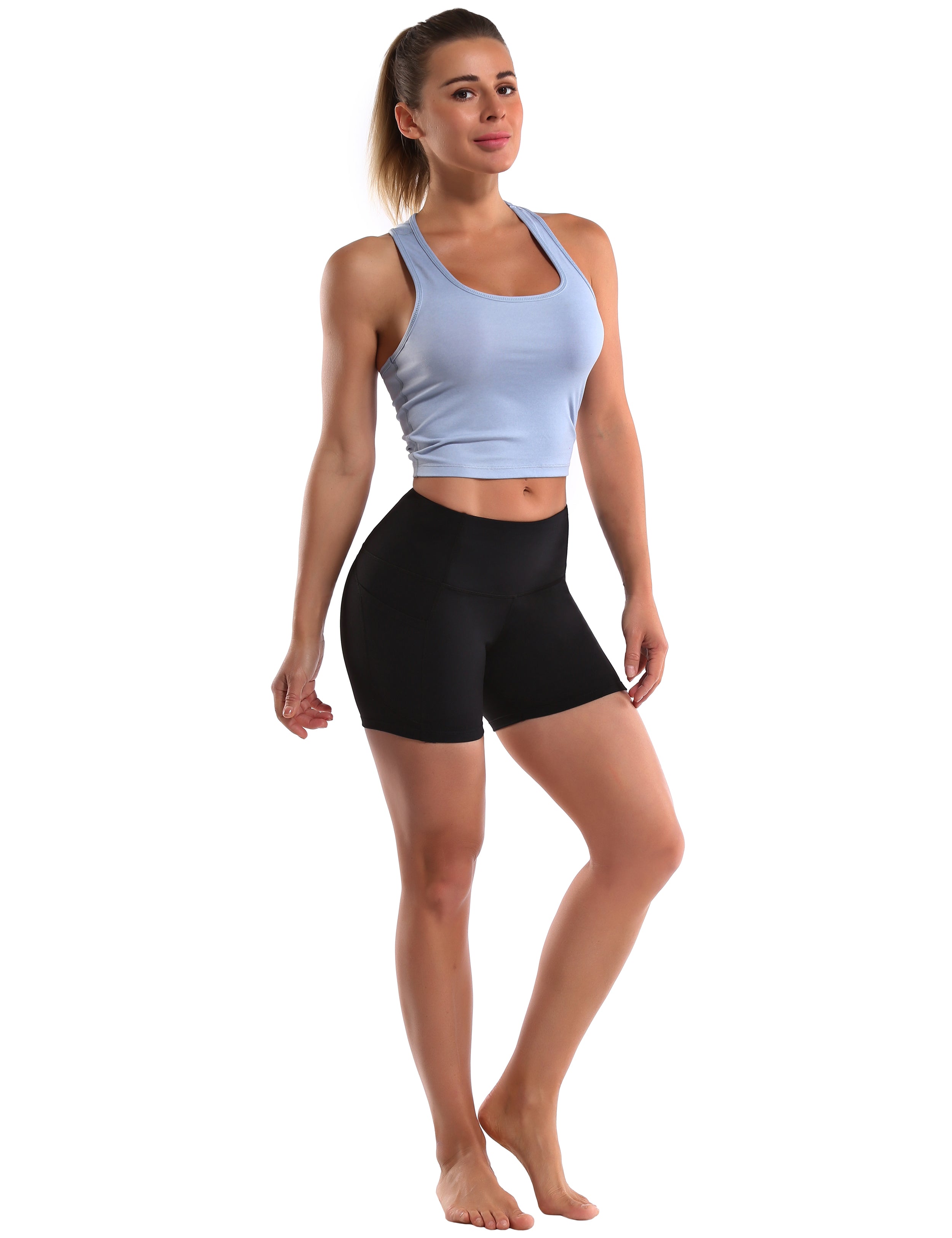 High Waist Side Pockets Yoga Shorts black Softest-ever fabric High elasticity 4-way stretch Fabric doesn't attract lint easily No see-through Moisture-wicking Machine wash 88% Nylon, 12% Spandex