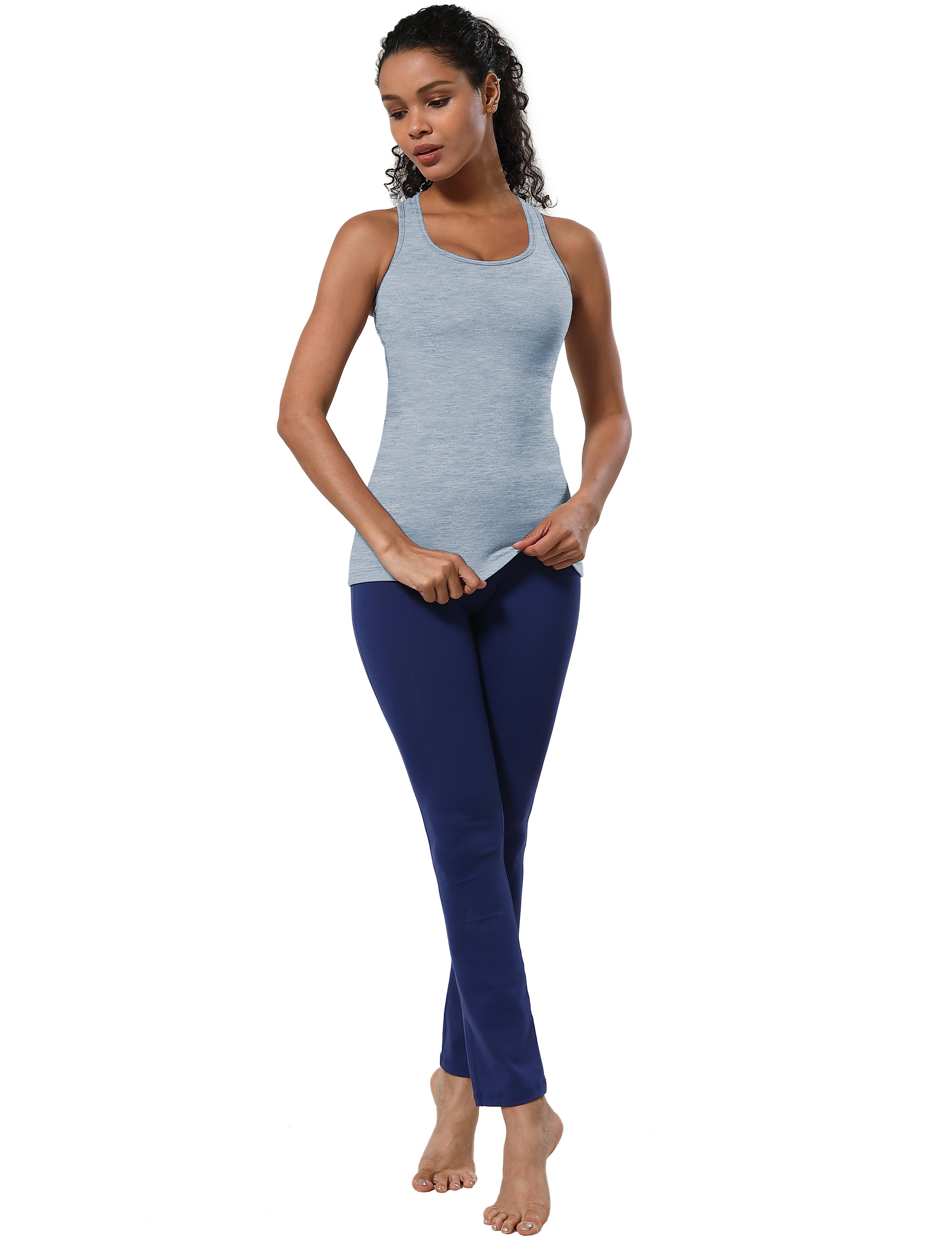 Racerback Athletic Tank Tops heatherblue 92%Nylon/8%Spandex(Cotton Soft) Designed for Yoga Tight Fit So buttery soft, it feels weightless Sweat-wicking Four-way stretch Breathable Contours your body Sits below the waistband for moderate, everyday coverage
