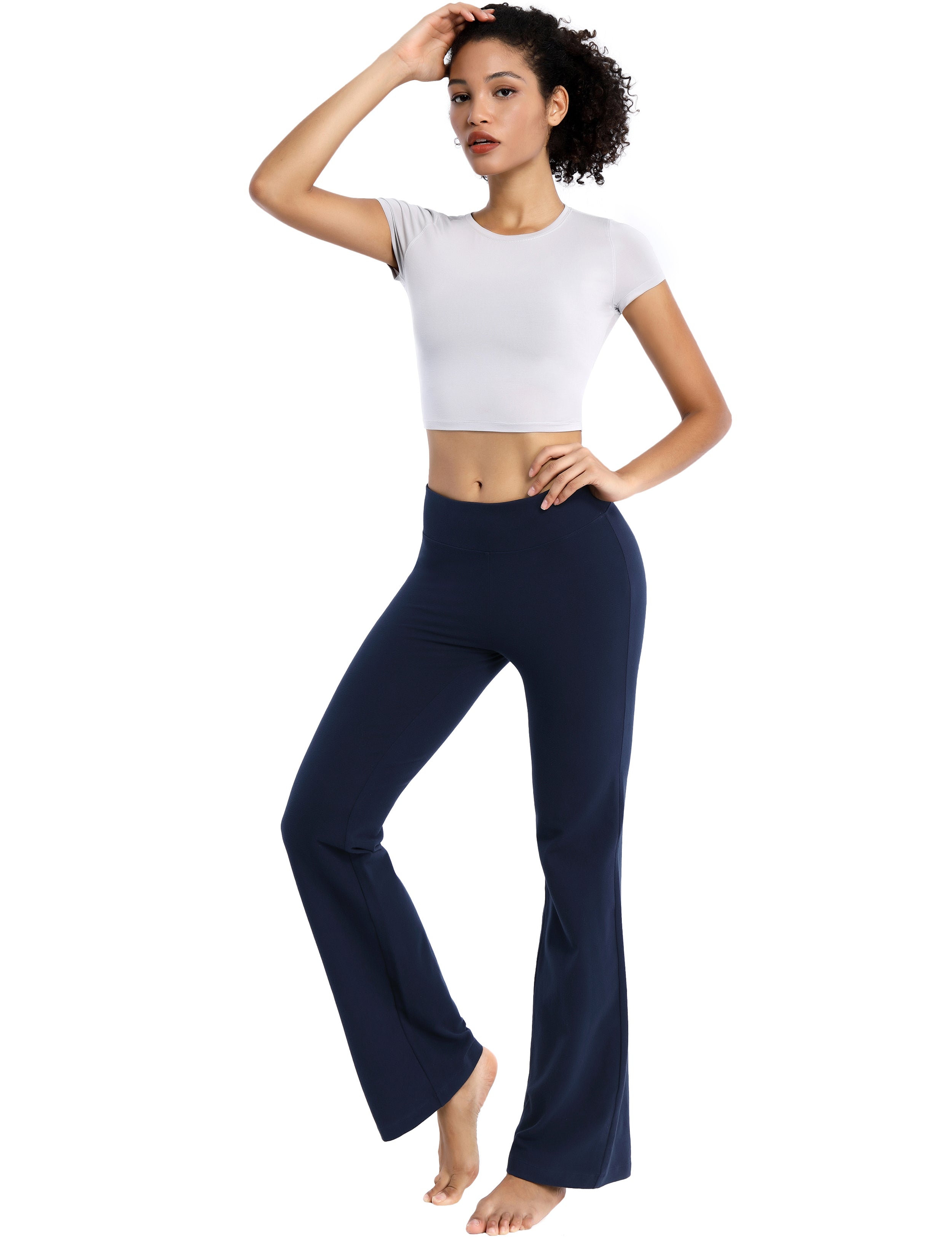 Cotton Bootcut Leggings darknavy 90%Cotton/10%Spandex (soft and cotton feel) Fabric doesn't attract lint easily 4-way stretch No see-through Moisture-wicking Inner pocket Four lengths